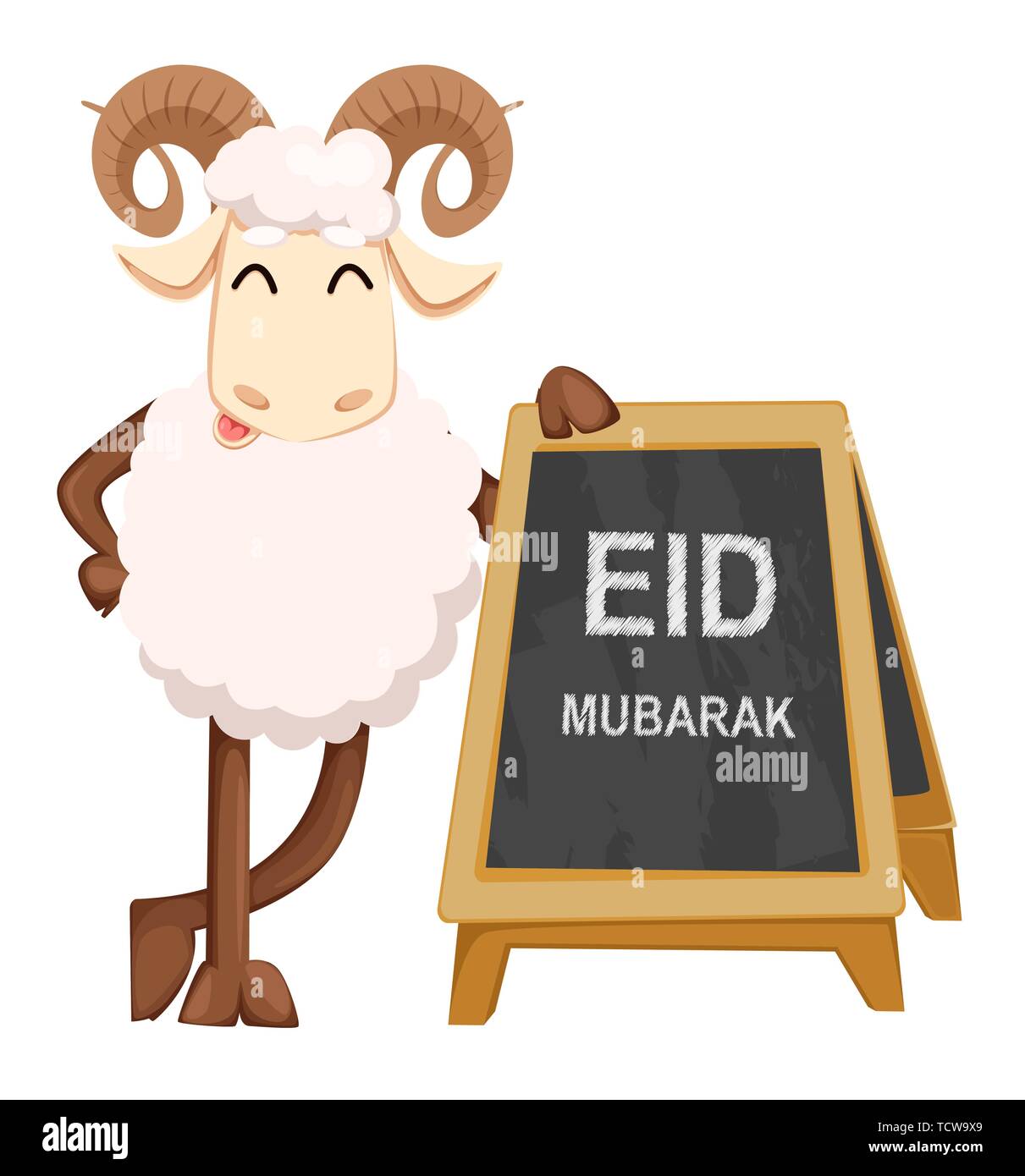 Eid al Adha Mubarak greeting card with funny ram standing near menu announcement board. Traditional Muslim holiday. Vector illustration on white backg Stock Vector