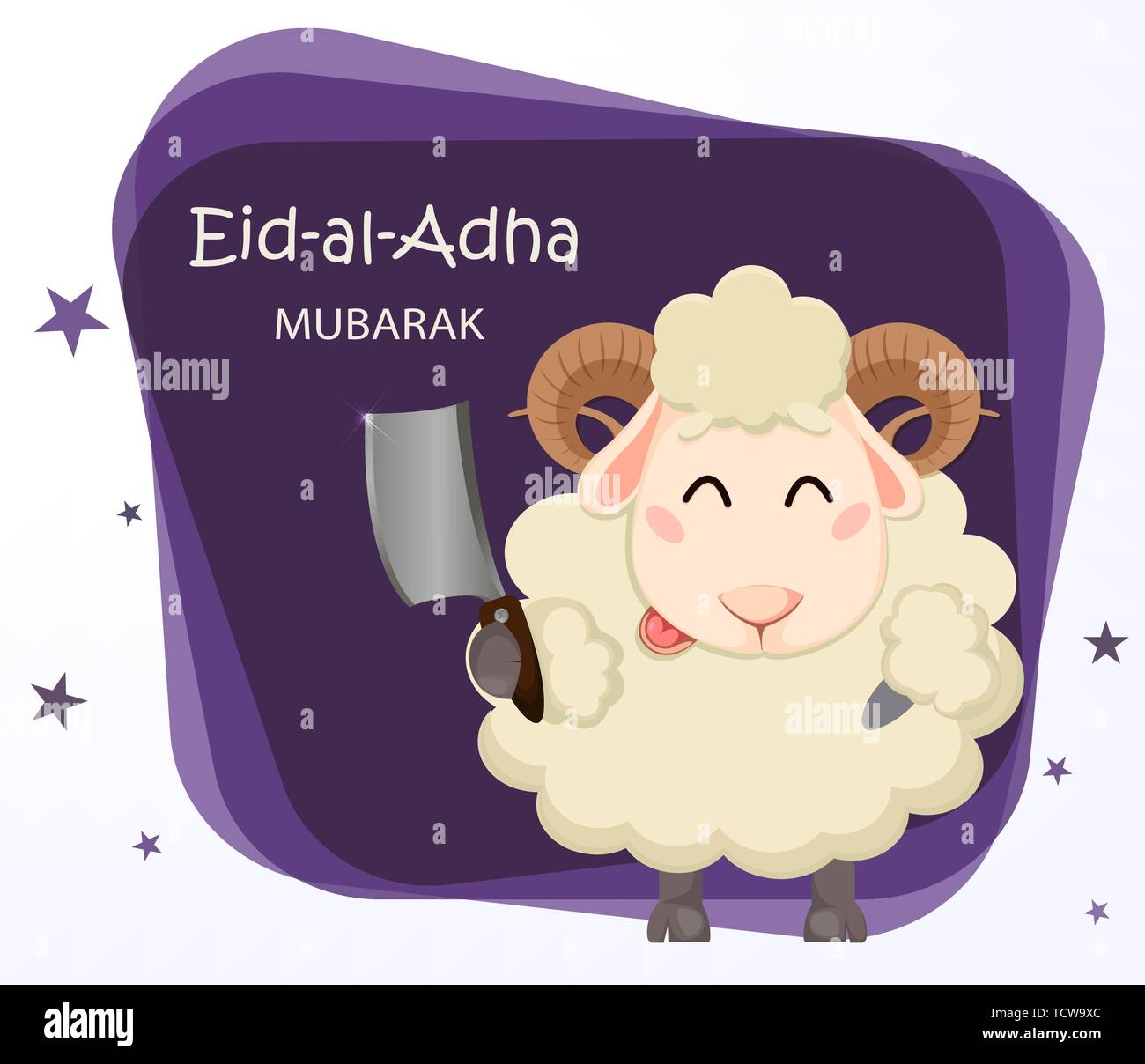Eid al Adha Mubarak greeting card. Funny cartoon ram holding cleaver. Traditional Muslim holiday. Vector illustration on abstract background Stock Vector