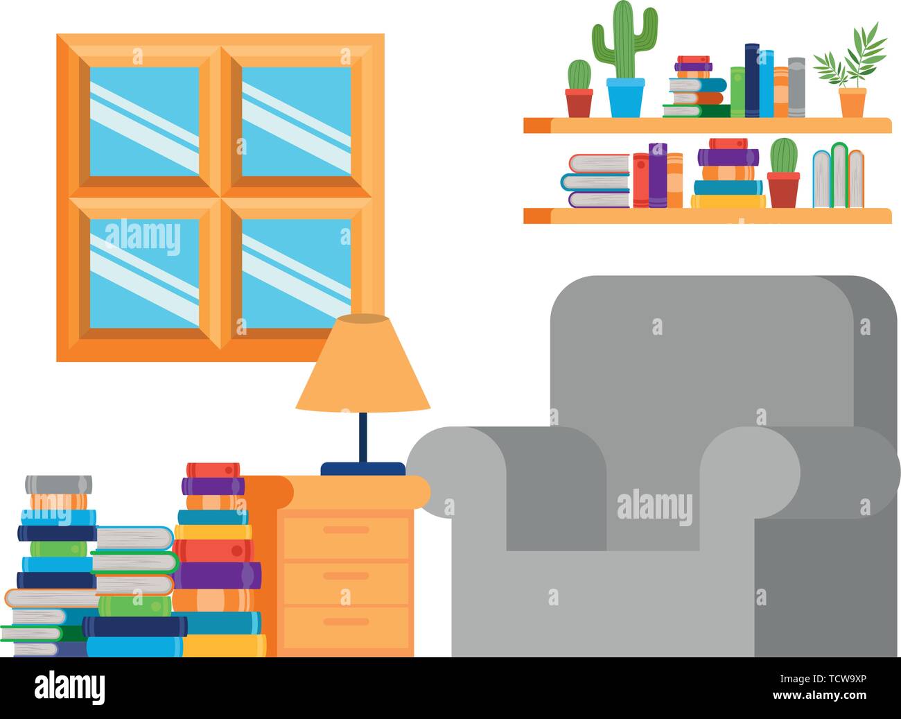 living room with couch and stack of books Stock Vector Image & Art - Alamy