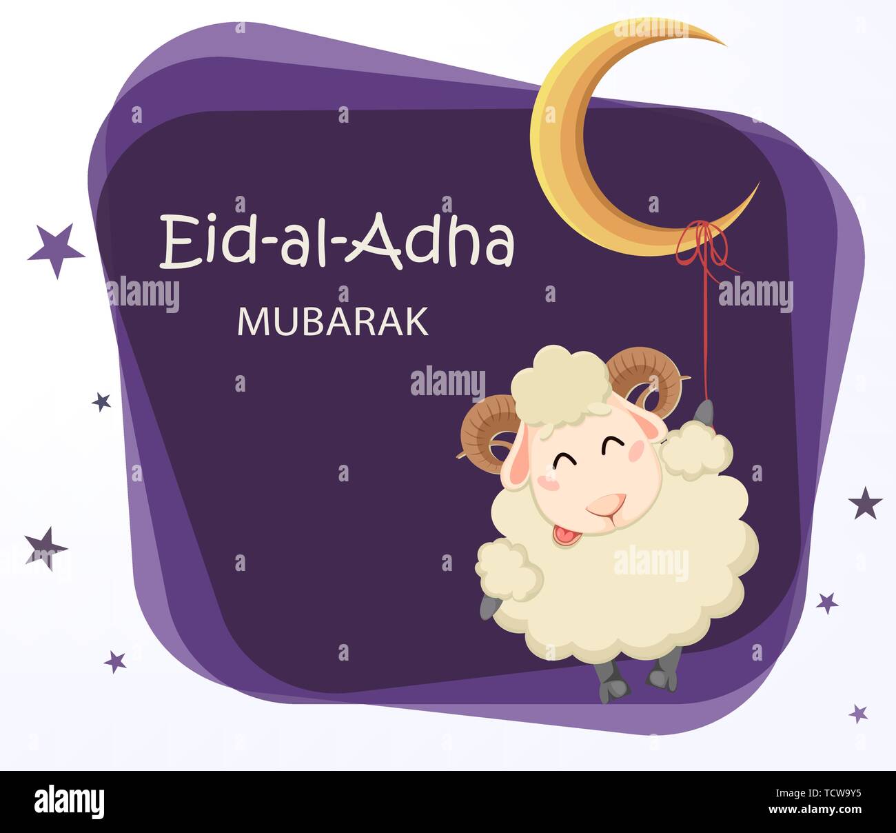 Eid al Adha Mubarak greeting card. Funny cartoon ram hanging on the moon. Traditional Muslim holiday. Vector illustration Stock Vector