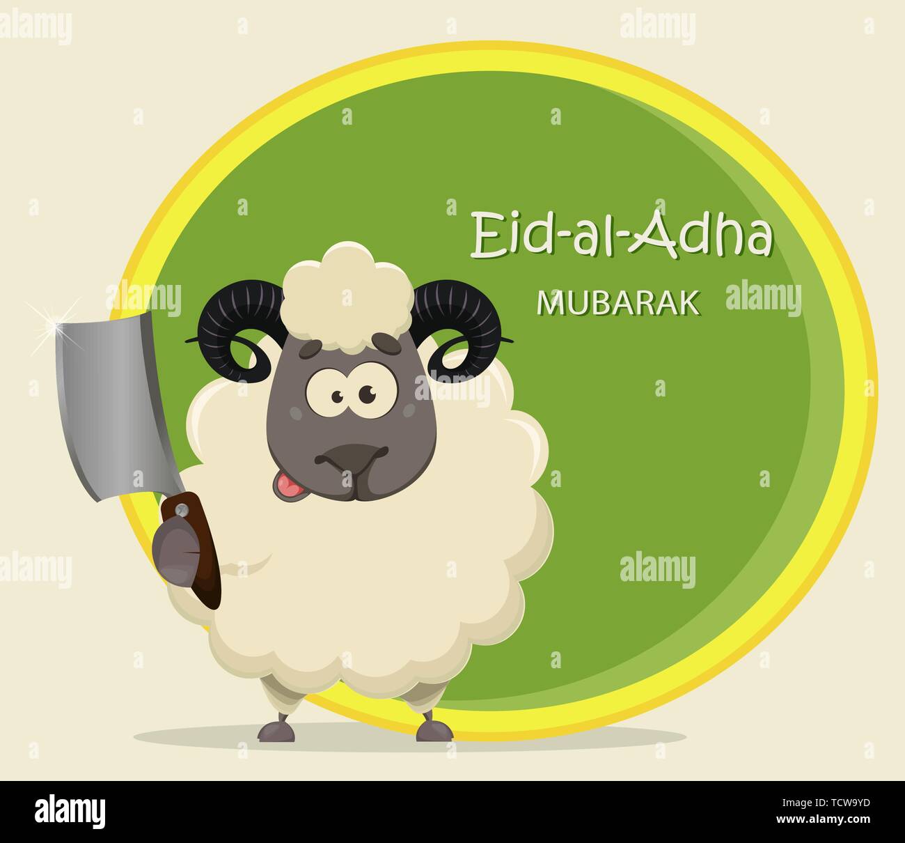 Eid al Adha Mubarak greeting card. Funny cartoon ram holding cleaver.  Traditional Muslim holiday. Vector illustration on green background Stock  Vector Image & Art - Alamy