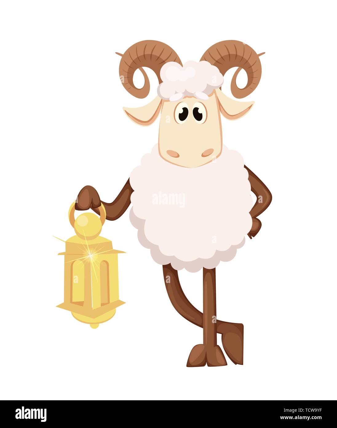 Eid al Adha Mubarak greeting card with funny ram holding lantern. Traditional Muslim holiday. Vector illustration on white background Stock Vector