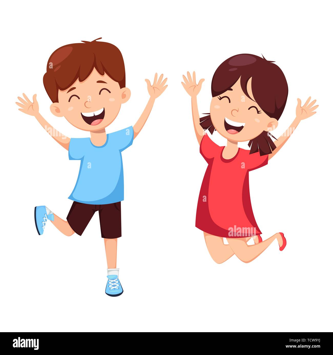 Happy friendship day concept. Boy and girl jumping high. Cute cheerful cartoon characters. Vector illustration on white background Stock Vector