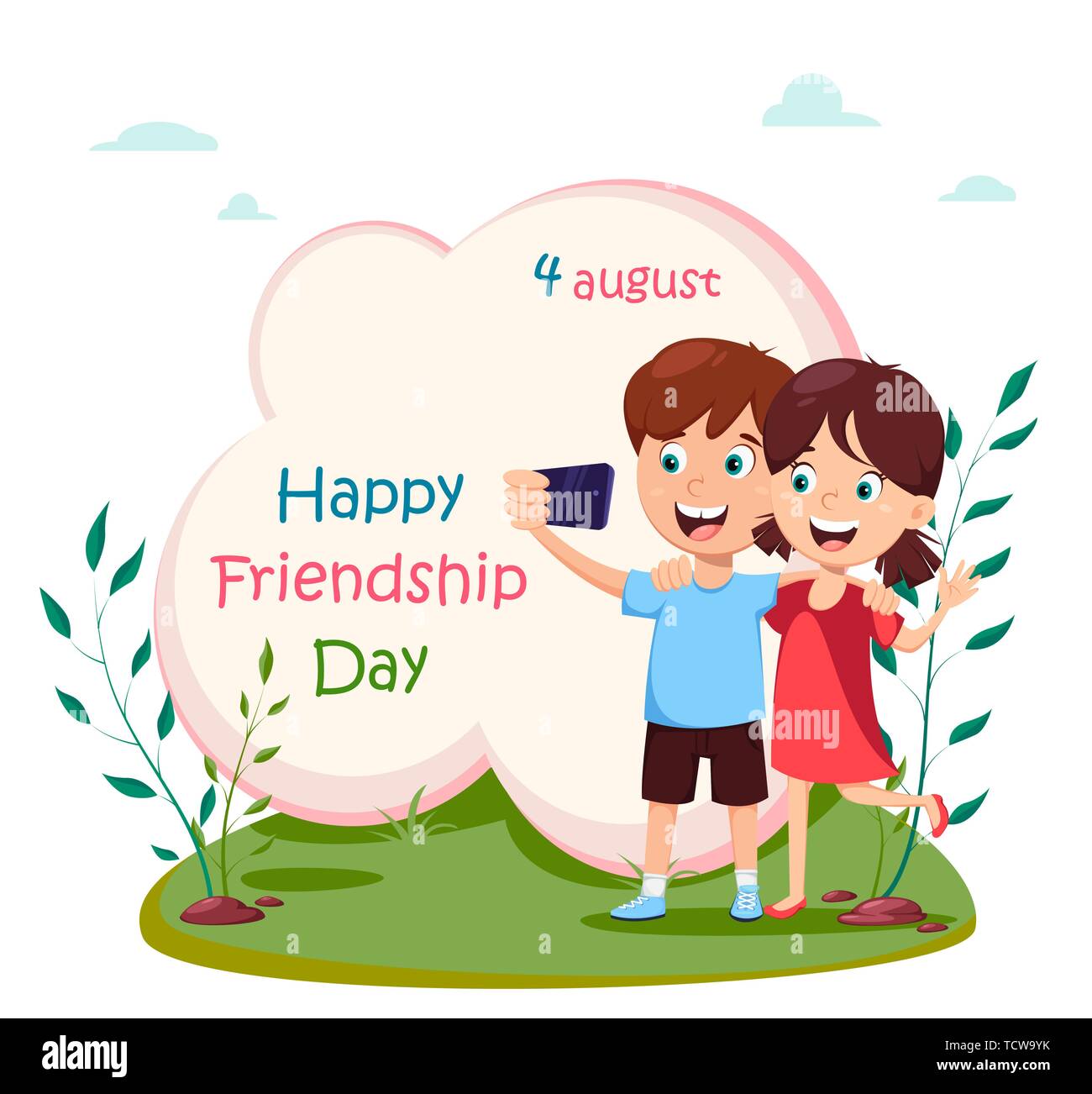 Happy friendship day concept. Boy and girl making selfie in the meadow.  Cute cartoon characters. Vector illustration Stock Vector Image & Art -  Alamy