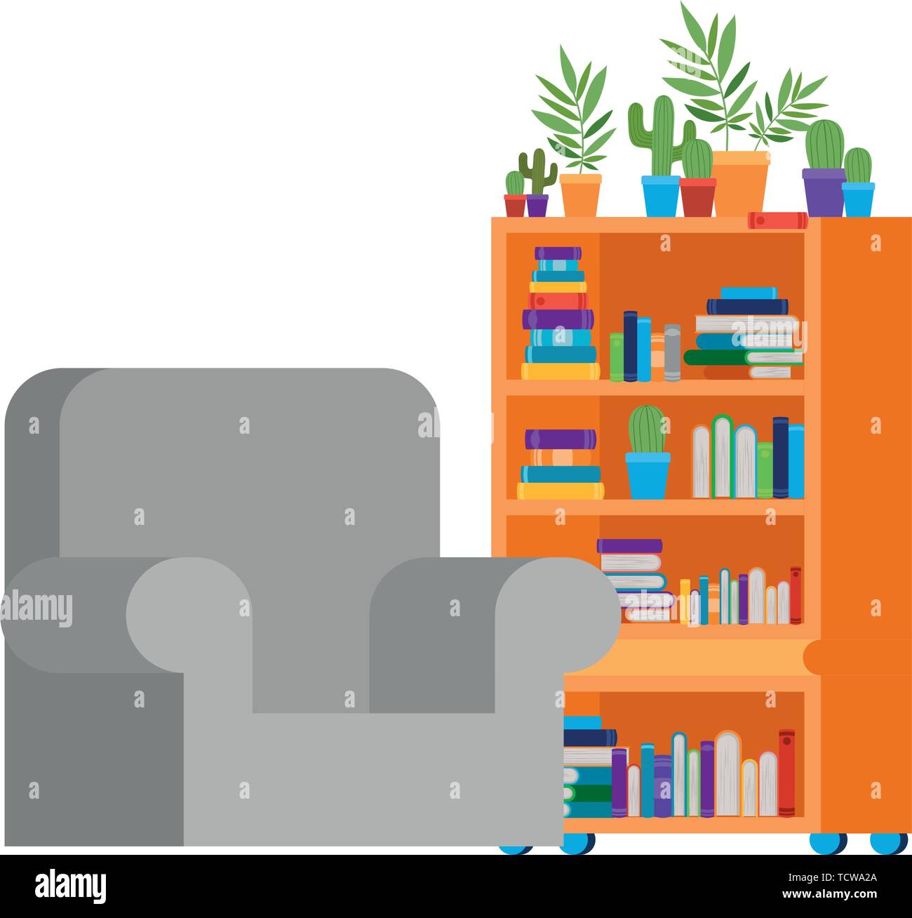 living room with couch and bookshelf of books Stock Vector Image & Art ...