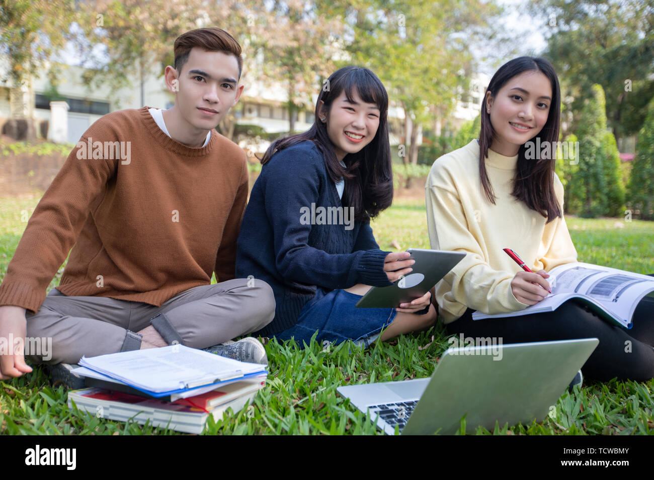 Group Of University Students asian sitting on the green grass Working ...