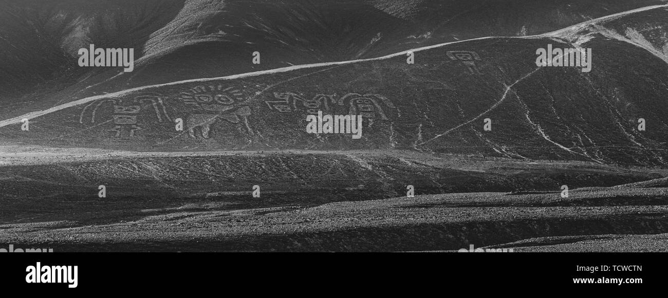 The Paracas family, Palpa lines, geoglyphs created by the Paracas people on the side of a hill off the road to Nazca, Peru, South America. Stock Photo
