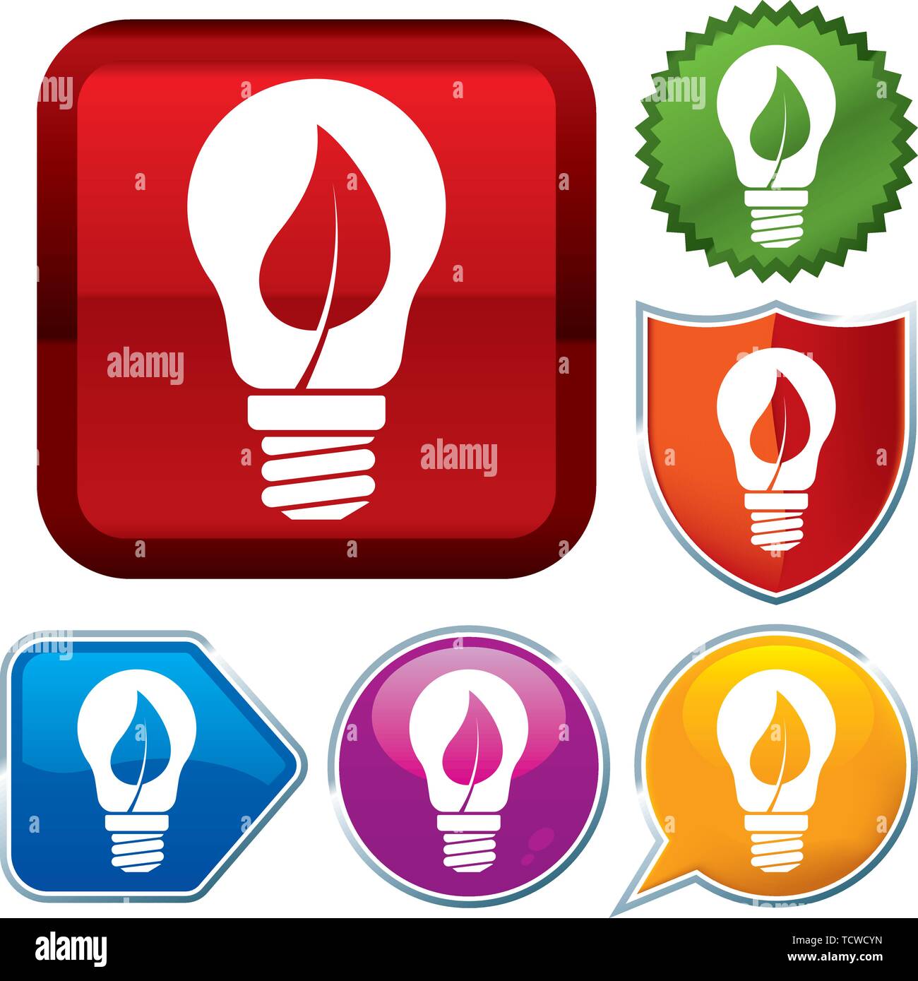 Vector illustration. Set shiny icon series on buttons. Lightbulb leaf. Stock Vector