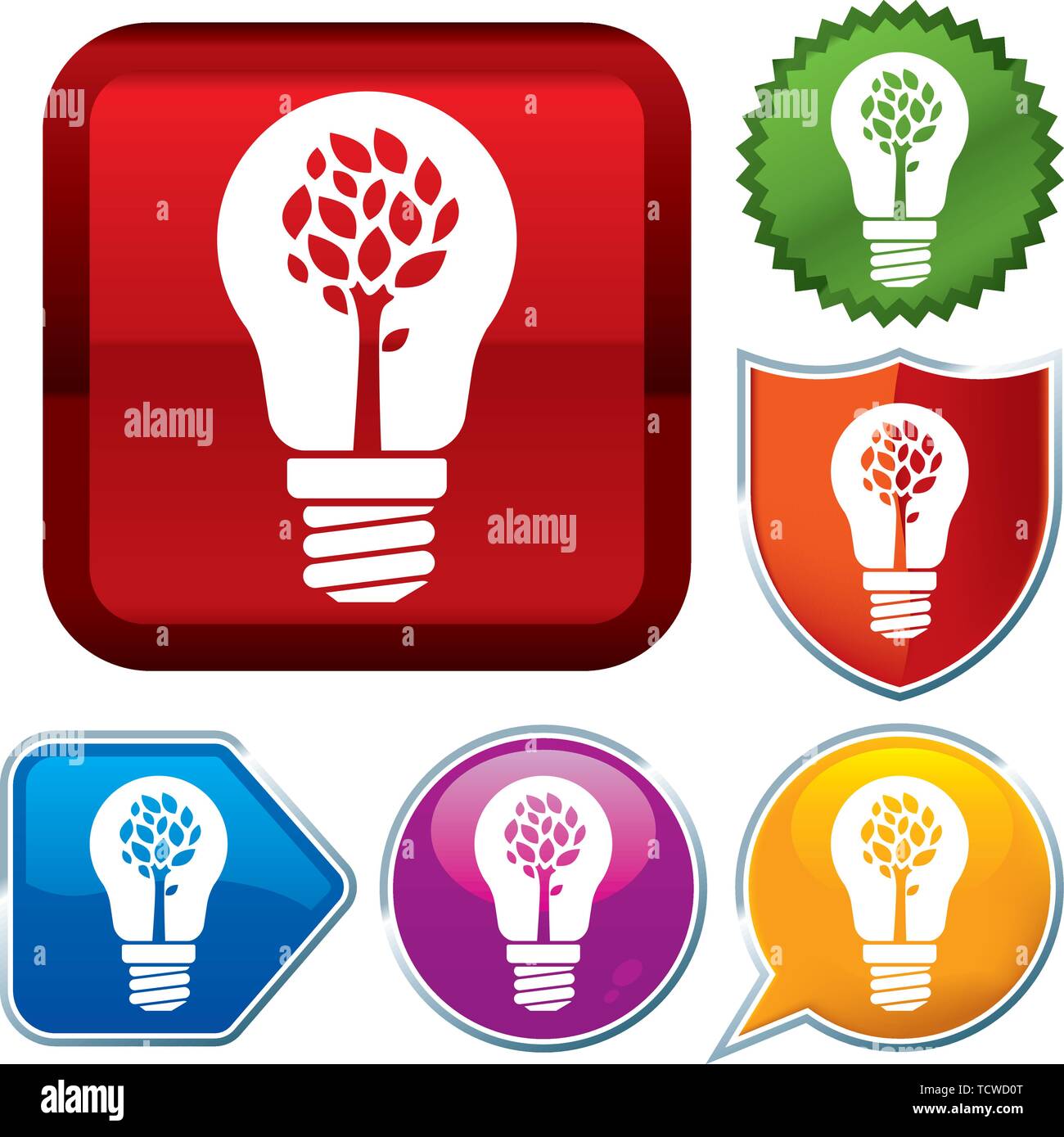 Vector illustration. Set shiny icon series on buttons. Lightbulb tree ...