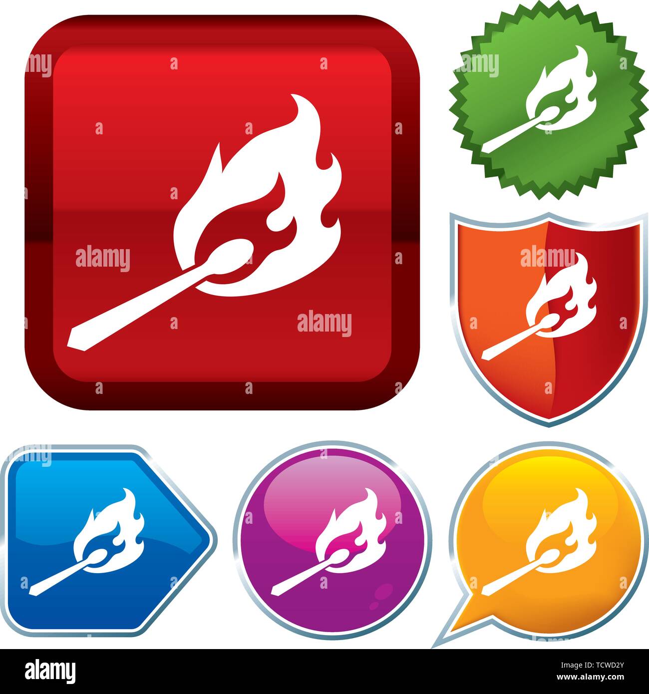 Vector illustration. Set shiny icon series on buttons. Fire match. Stock Vector