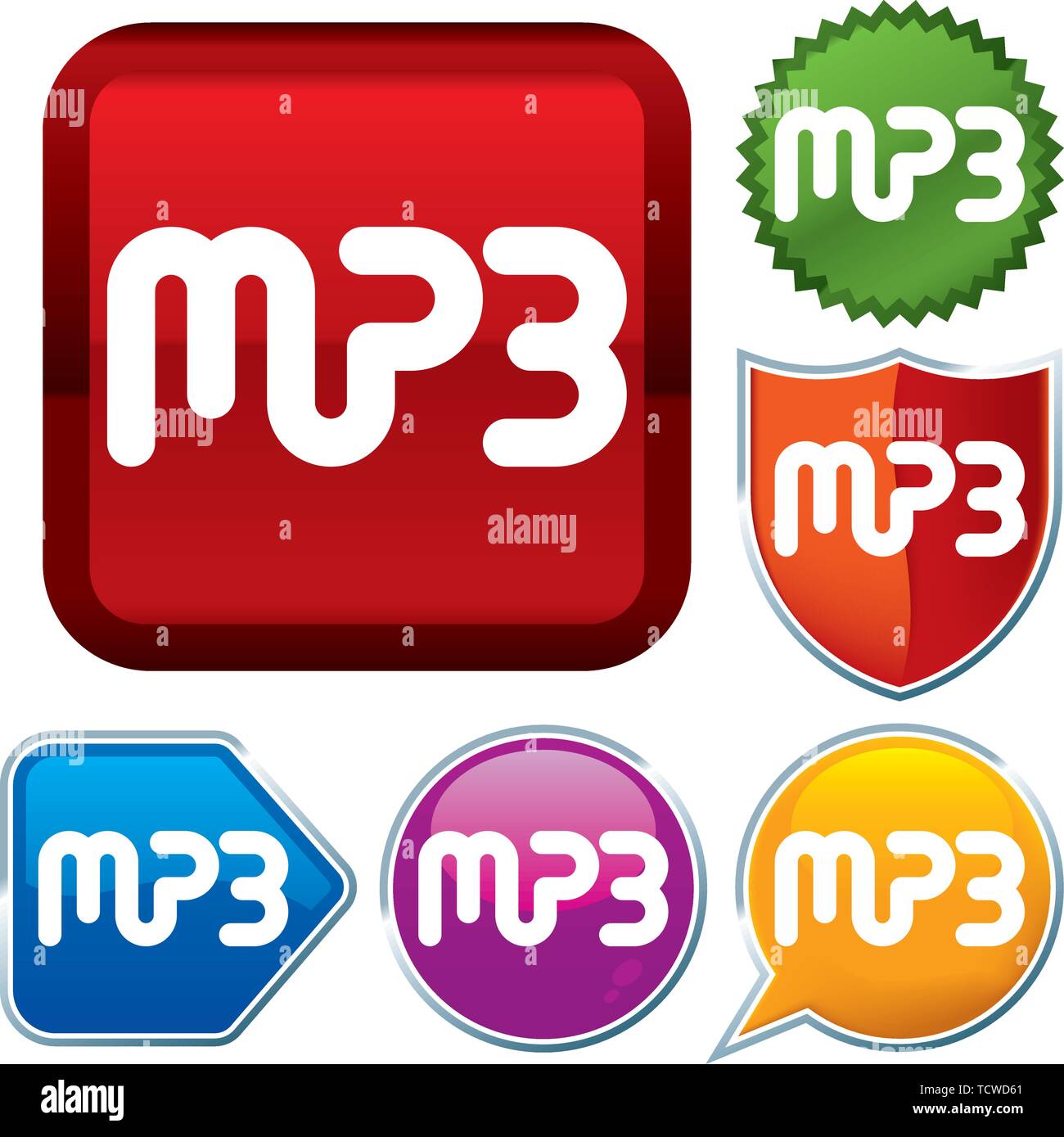 Vector illustration. Set shiny icon series on buttons. MP3 Stock Vector