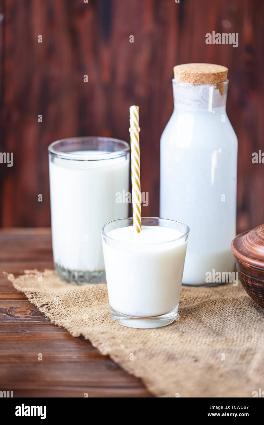 Homemade kefir, yogurt with probiotics in a glass on table Probiotic cold fermented dairy drink