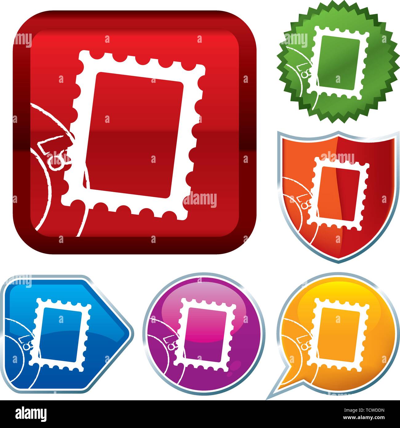 Vector illustration. Set shiny icon series on buttons. Post stamp. Stock Vector