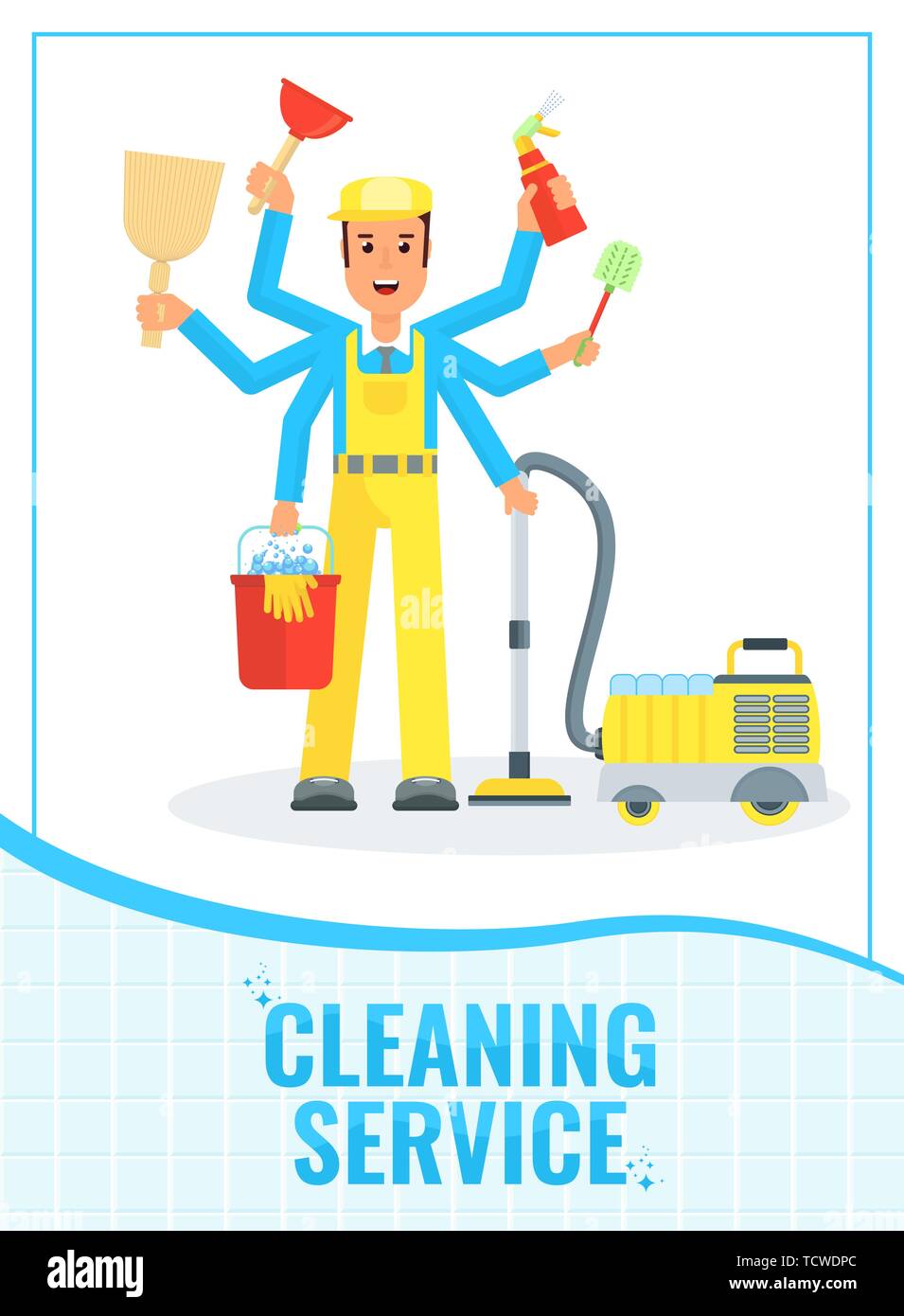 Poster template with multitasking cleaning man. Vector flat cartoon ...