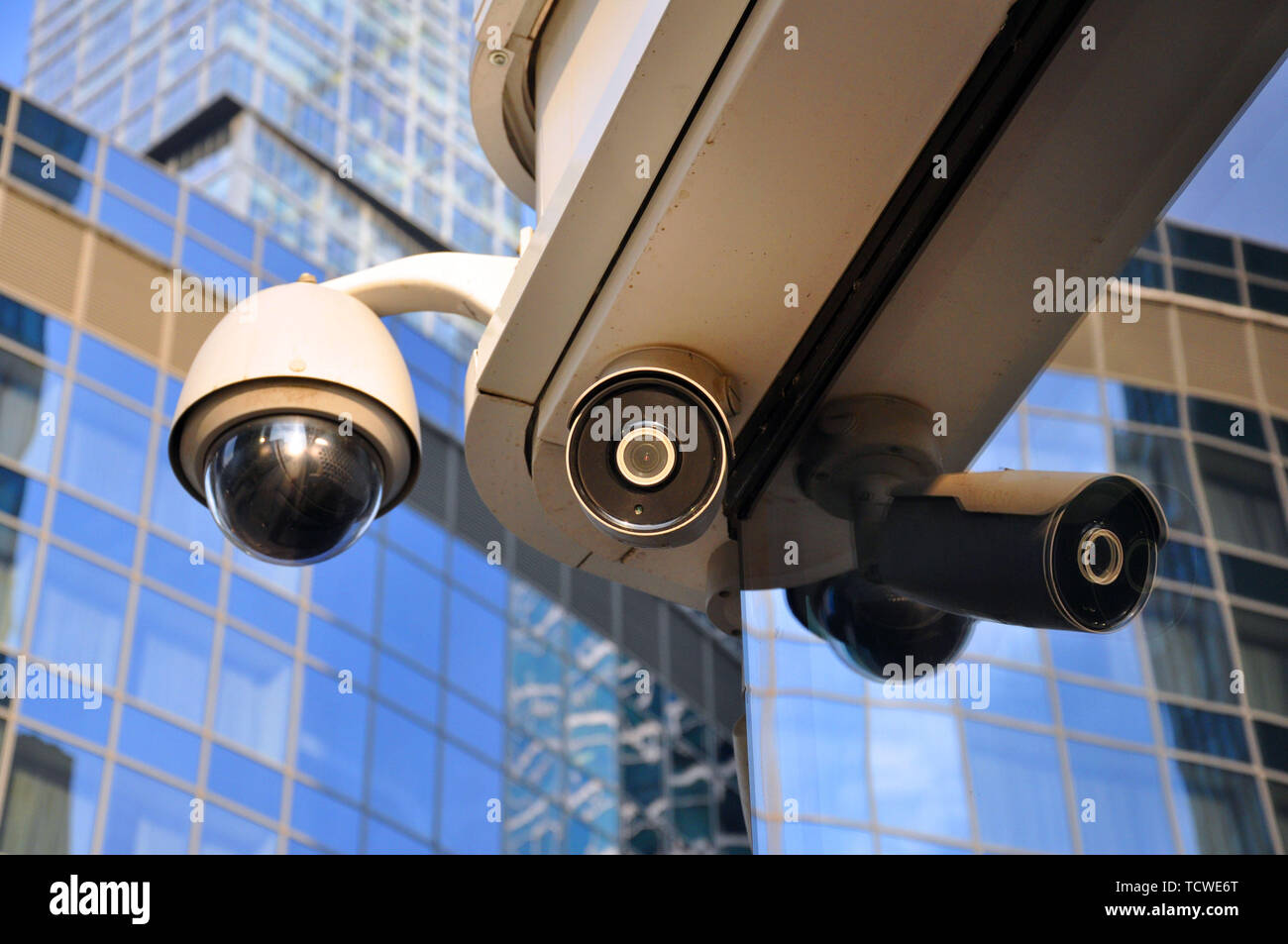 closed circuit camera Multi-angle CCTV system against the blue sky ...
