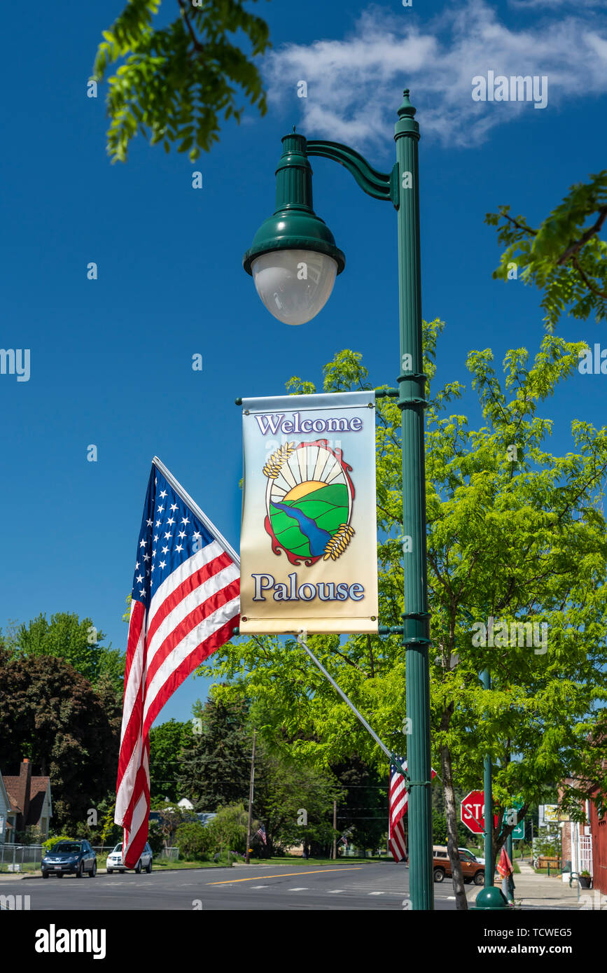 A Welcome to Palouse banner on the street the the village of Palouse, Washington, USA. Stock Photo