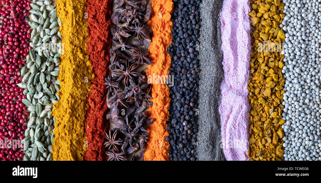 Indian spices and herbs as background. Seasonings texture for website