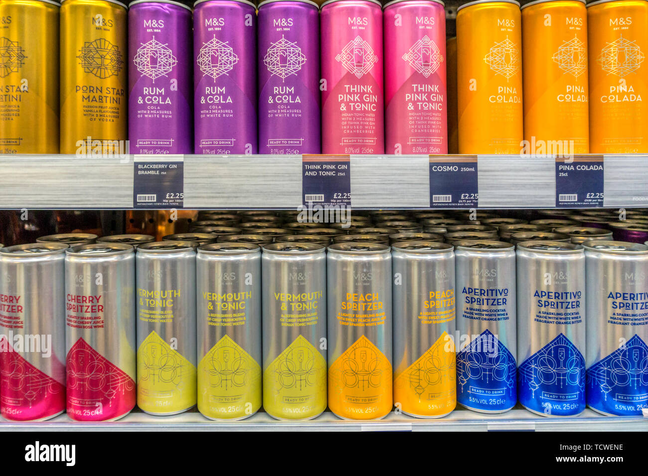 Tins or cans of alcoholic cocktails for sale in Marks & Spencers. Stock Photo