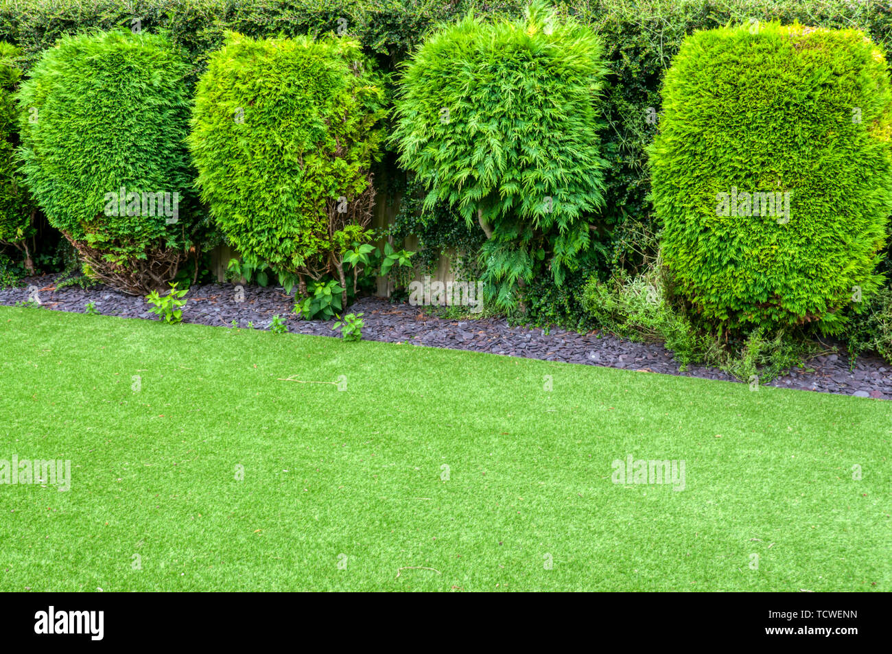 A lawn of artificial grass in a suburban garden. Stock Photo