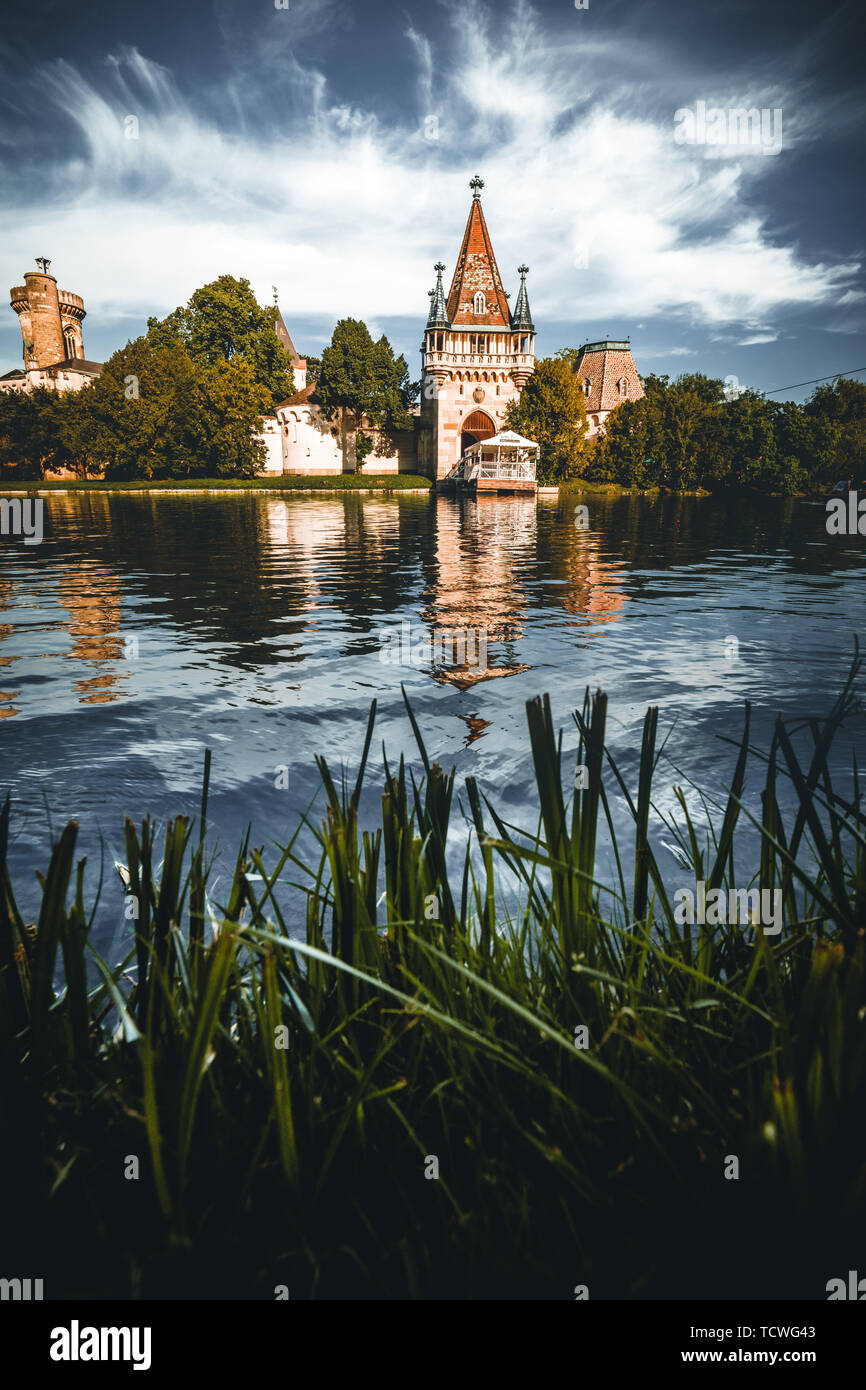 Laxenburg castle (Franzensburg) near Vienna (Austria) with the lake in the foreground Stock Photo