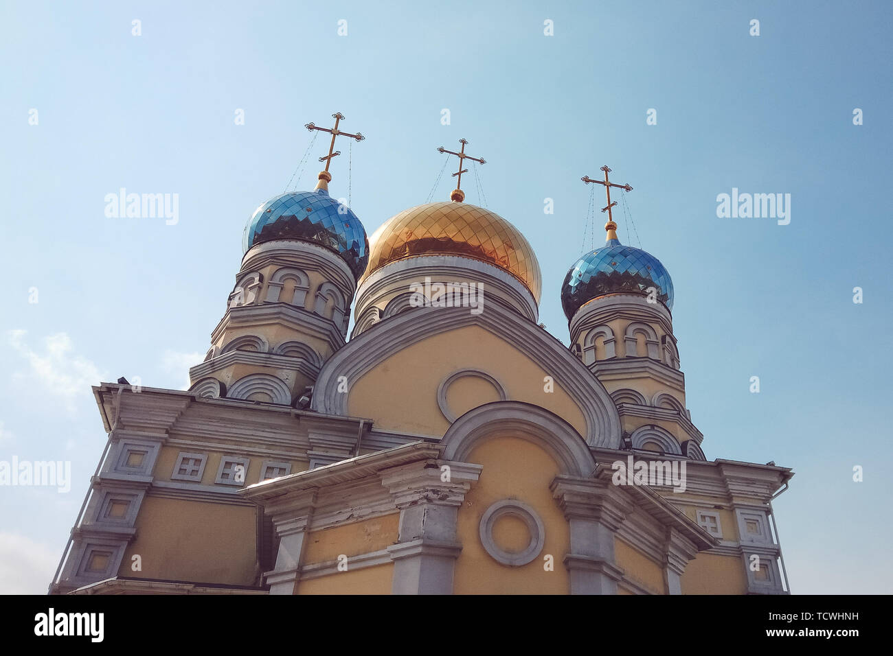 Vladivostok, Primorsky Krai - April 1, 2019: The building of the intercession Church against the blue sky. Stock Photo