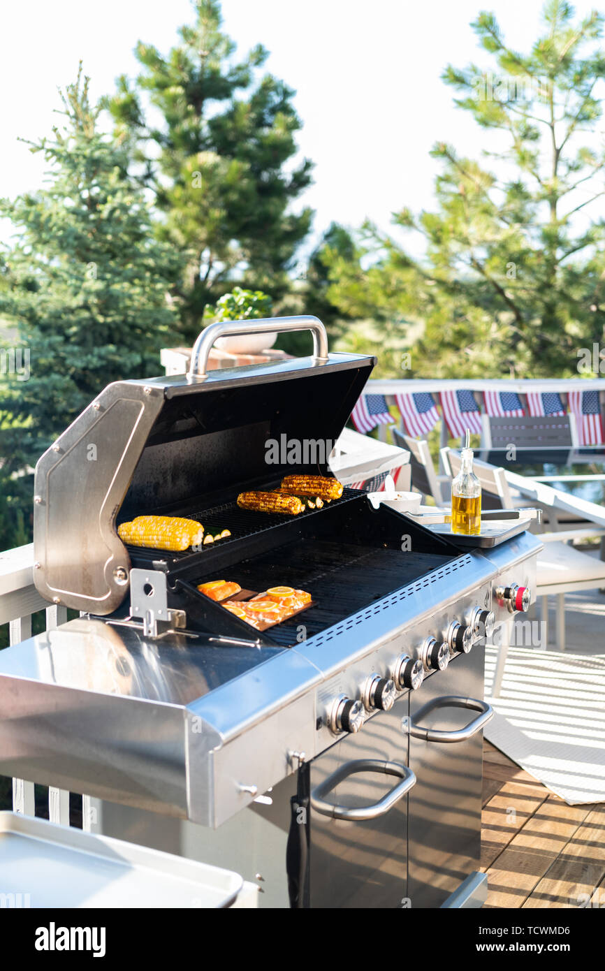Grilling salmon on a gas burning grill on the backyard patio Stock