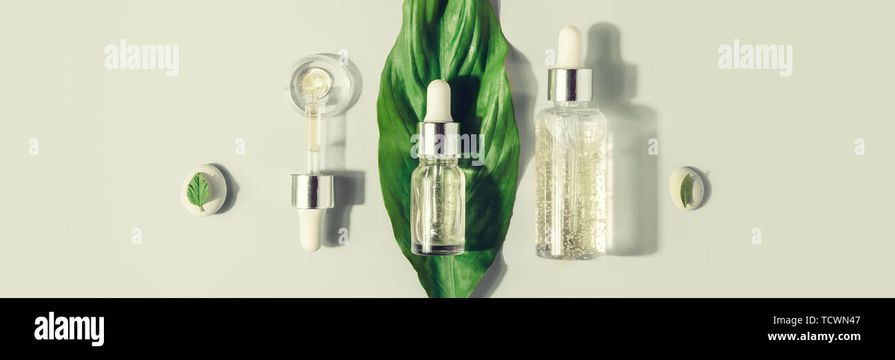 Natural Serums. Concept of cosmetic injection is hyaluronic acid, botulin, serum. Still life, Flat lay Stock Photo