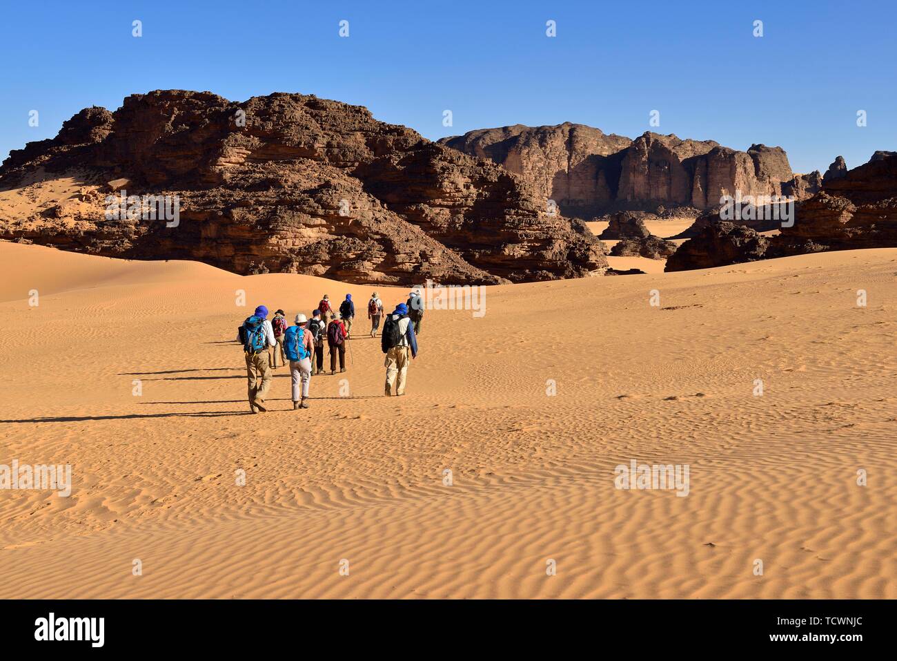 Group of people hiking in Tehouak, Tassili n'Ajjer National Park, Algeria, Sahara, Africa Stock Photo