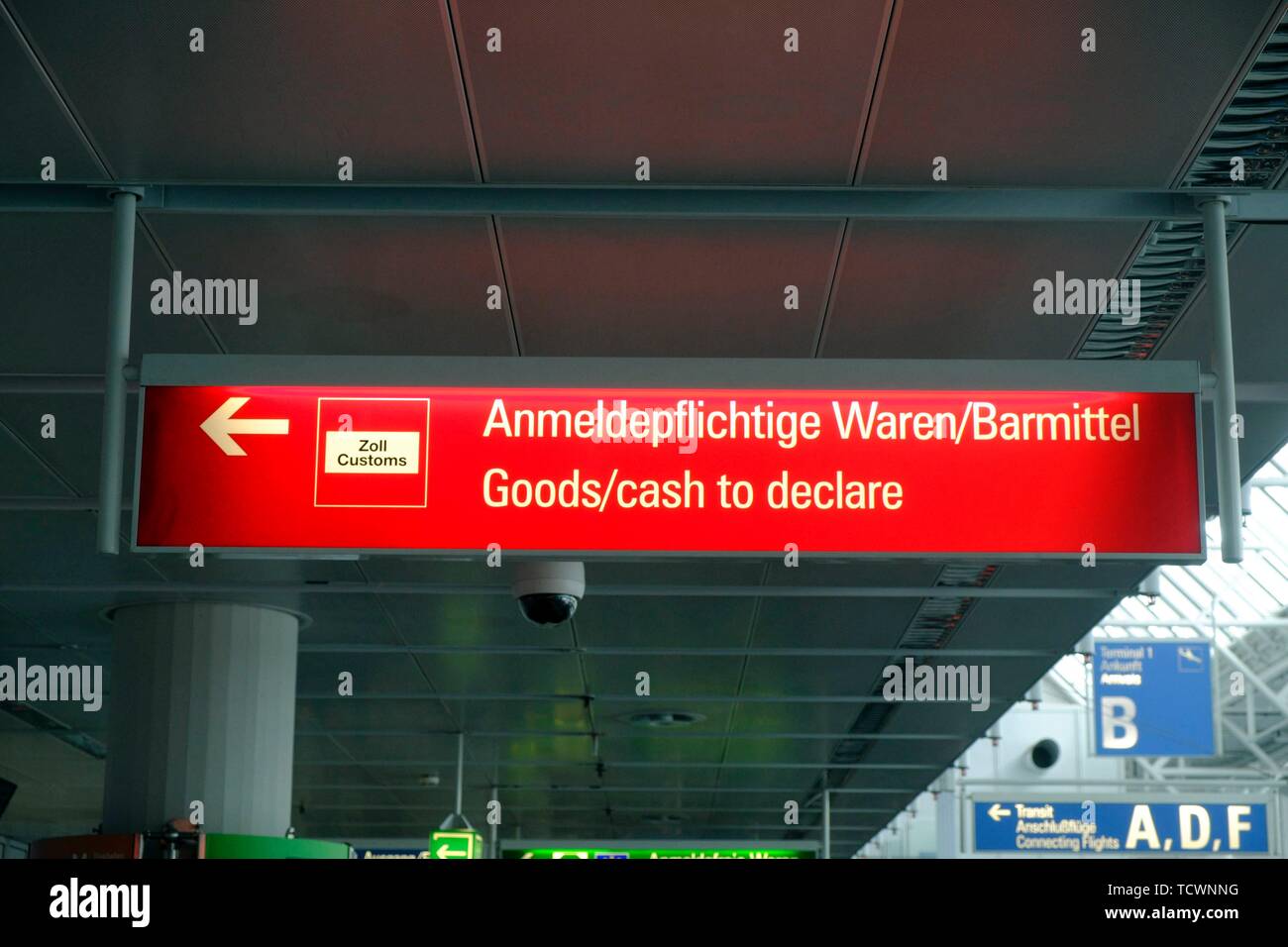 Information sign Customs, Goods subject to registration, Franz Josef Strauss Airport Munich, Bavaria, Germany Stock Photo
