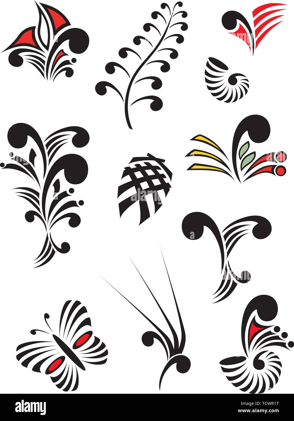 Collection of Maori Koru design elements with color - each object grouped separately Stock Vector