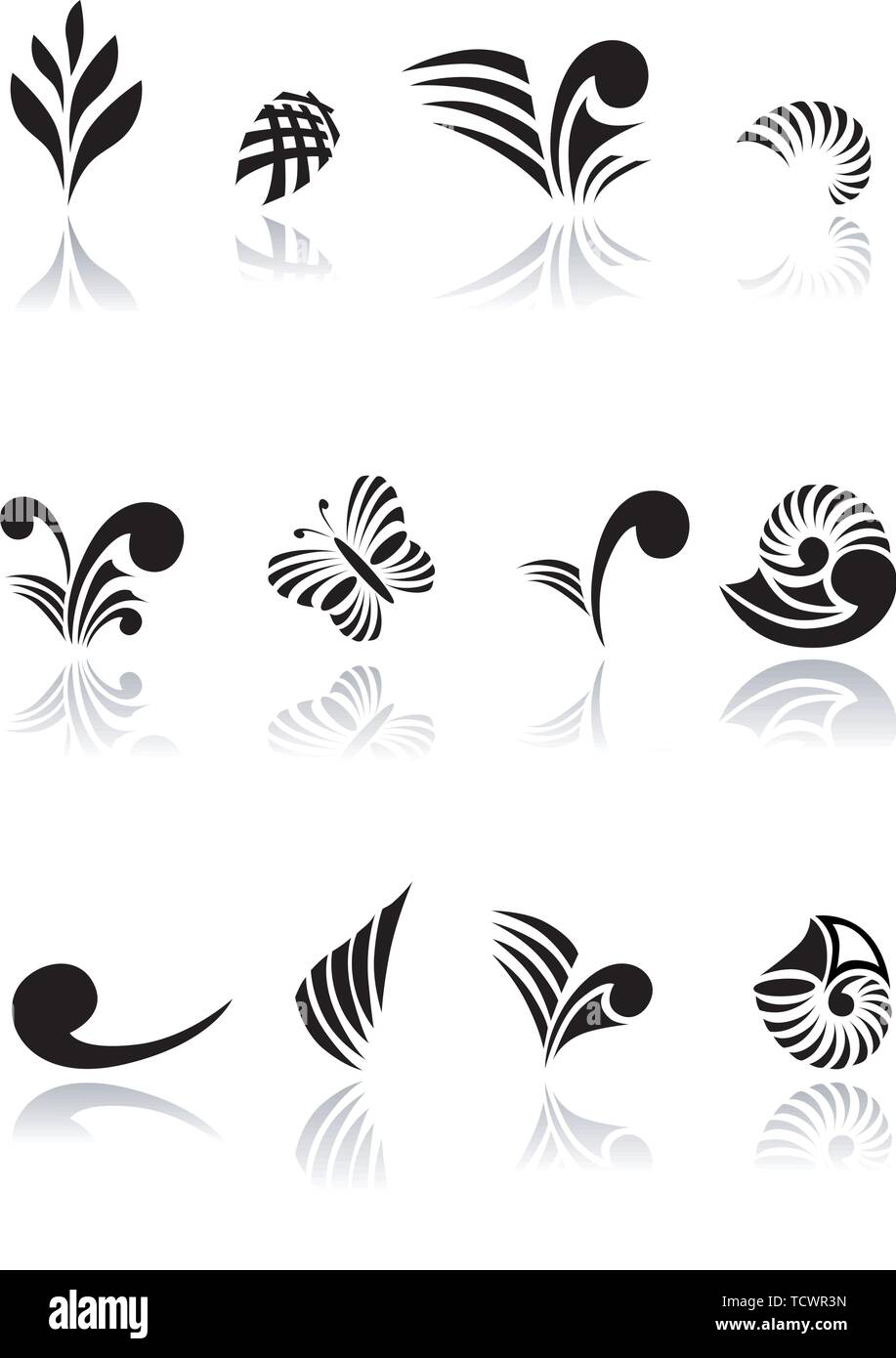 Collection of Maori Koru Design Elements with Reflections EPS File - contains transparencies Stock Vector