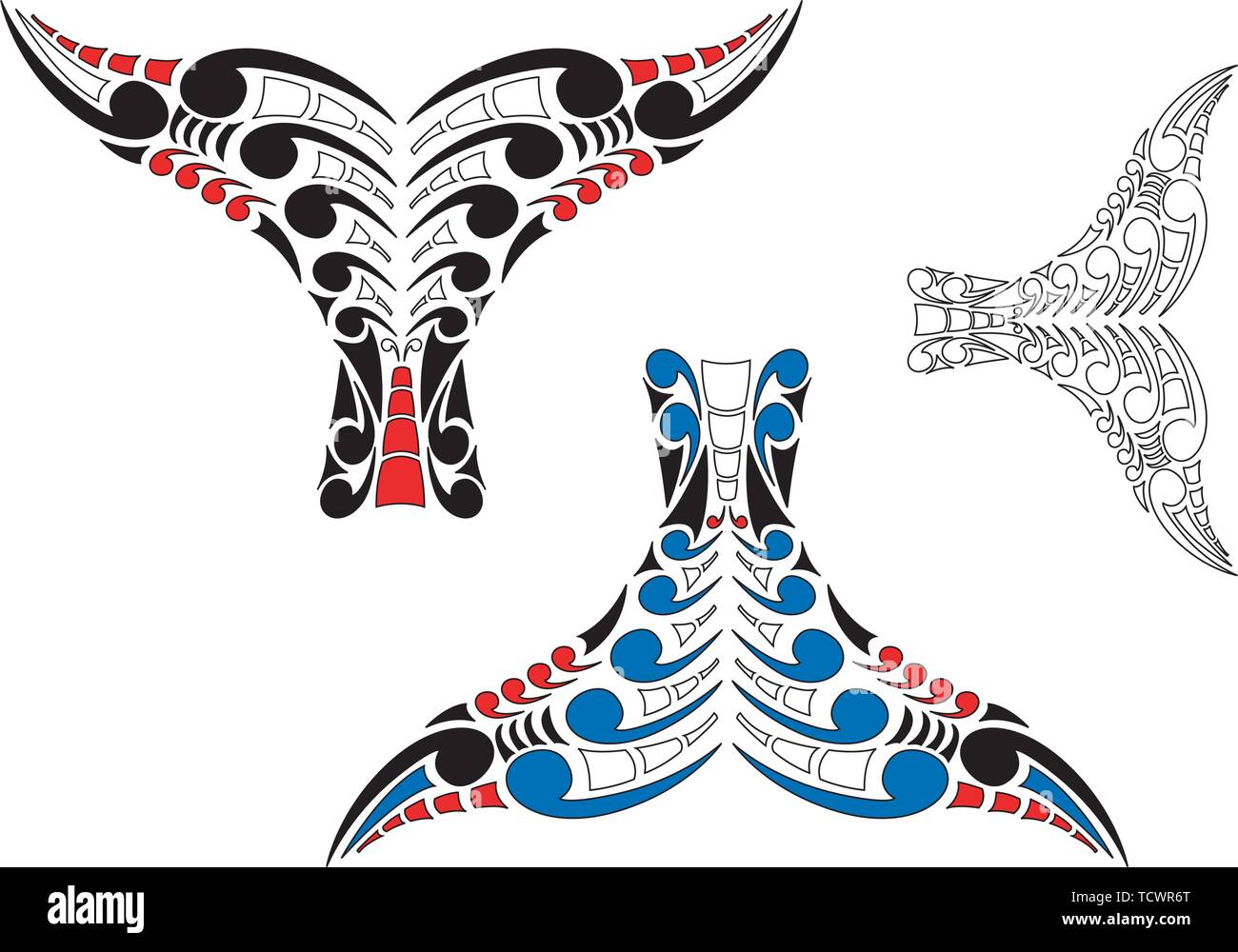 Stylised Maori Koru Whale Tail Design with color variations Stock Vector