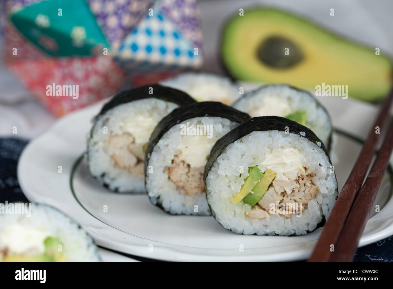 Chicken avocado cheese sushi roll Stock Photo - Alamy