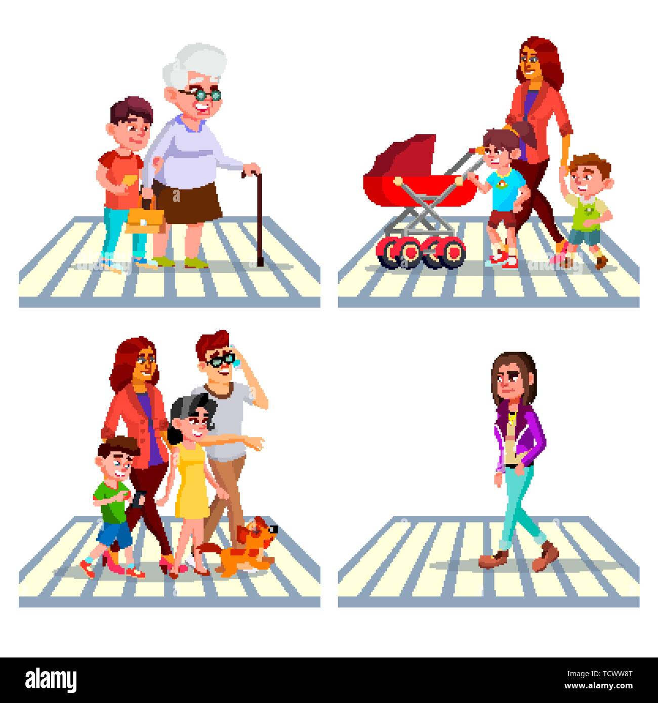 Children with traffic light and caution sign, road safety rules. Cartoon  school kid crossing street crosswalk. Pavement education vector set Stock  Vector Image & Art - Alamy