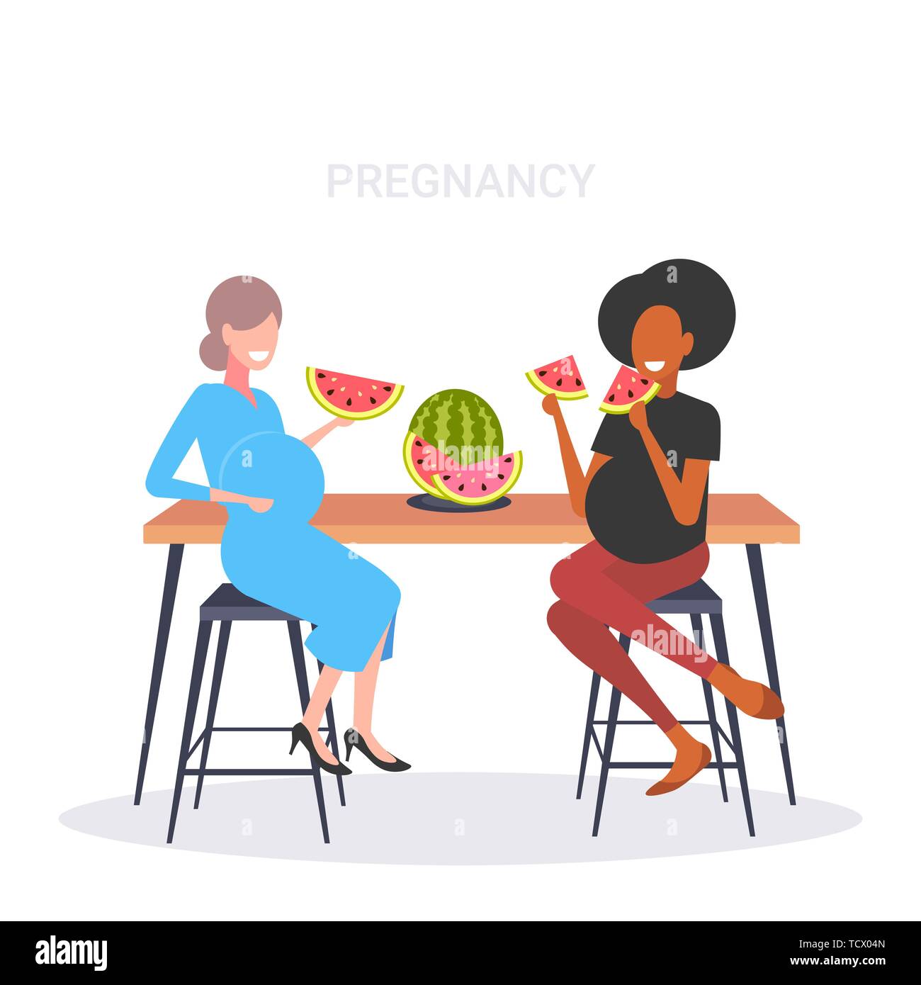 couple pregnant women eating watermelon fresh fruit mix race girls discussing during meeting pregnancy and motherhood concept flat full length Stock Vector