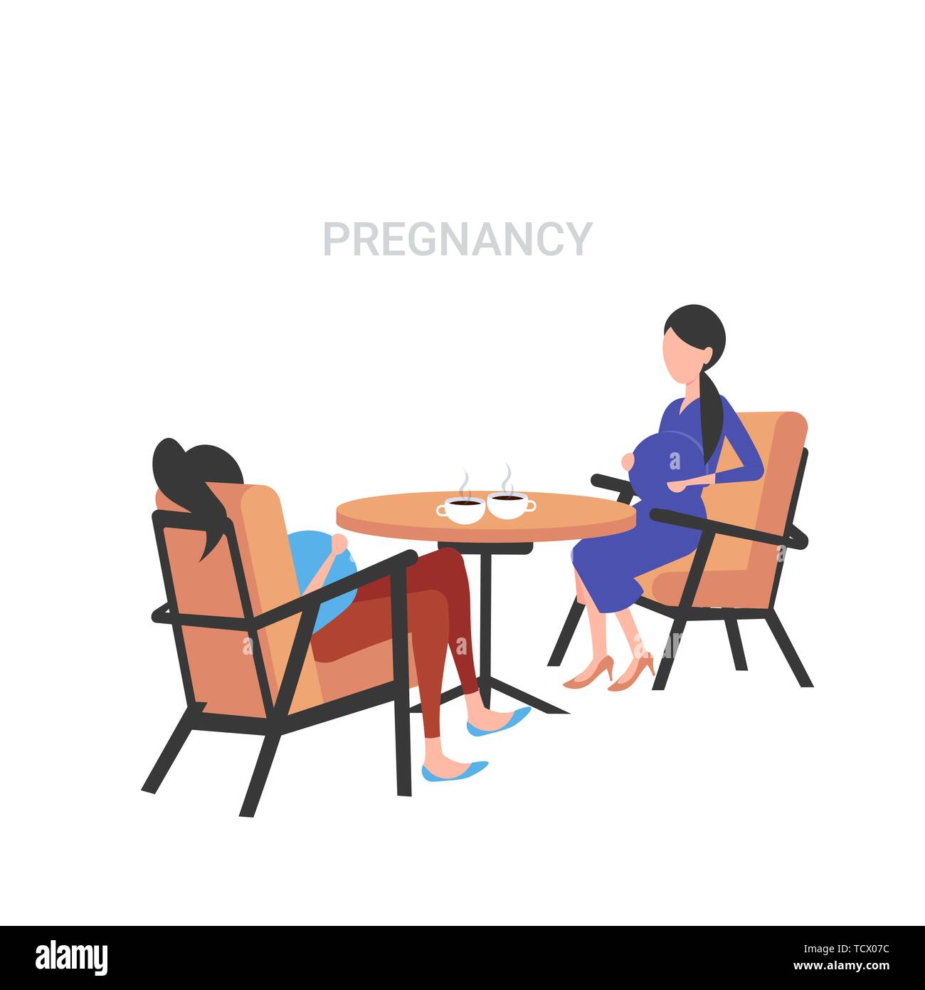couple pregnant women sitting at cafe table girls discussing during meeting drinking coffee pregnancy and motherhood concept flat full length Stock Vector