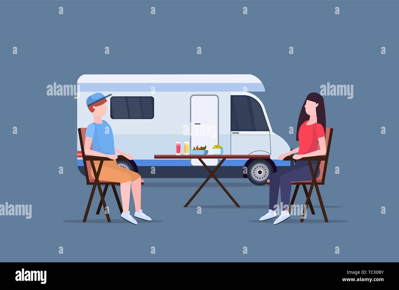couple sitting at table near camping family trailer truck caravan car man woman spendingtime togeher summer vacation concept flat full length Stock Vector