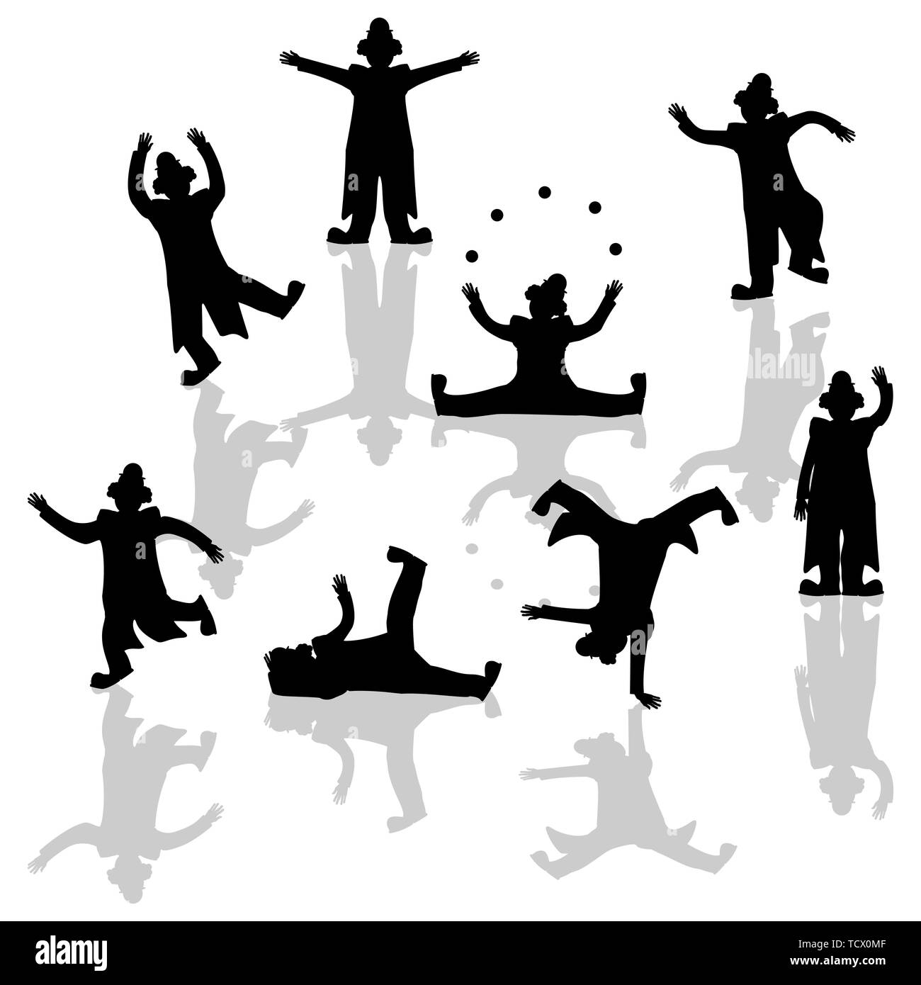 Performing clowns silhouettes over white background Stock Vector