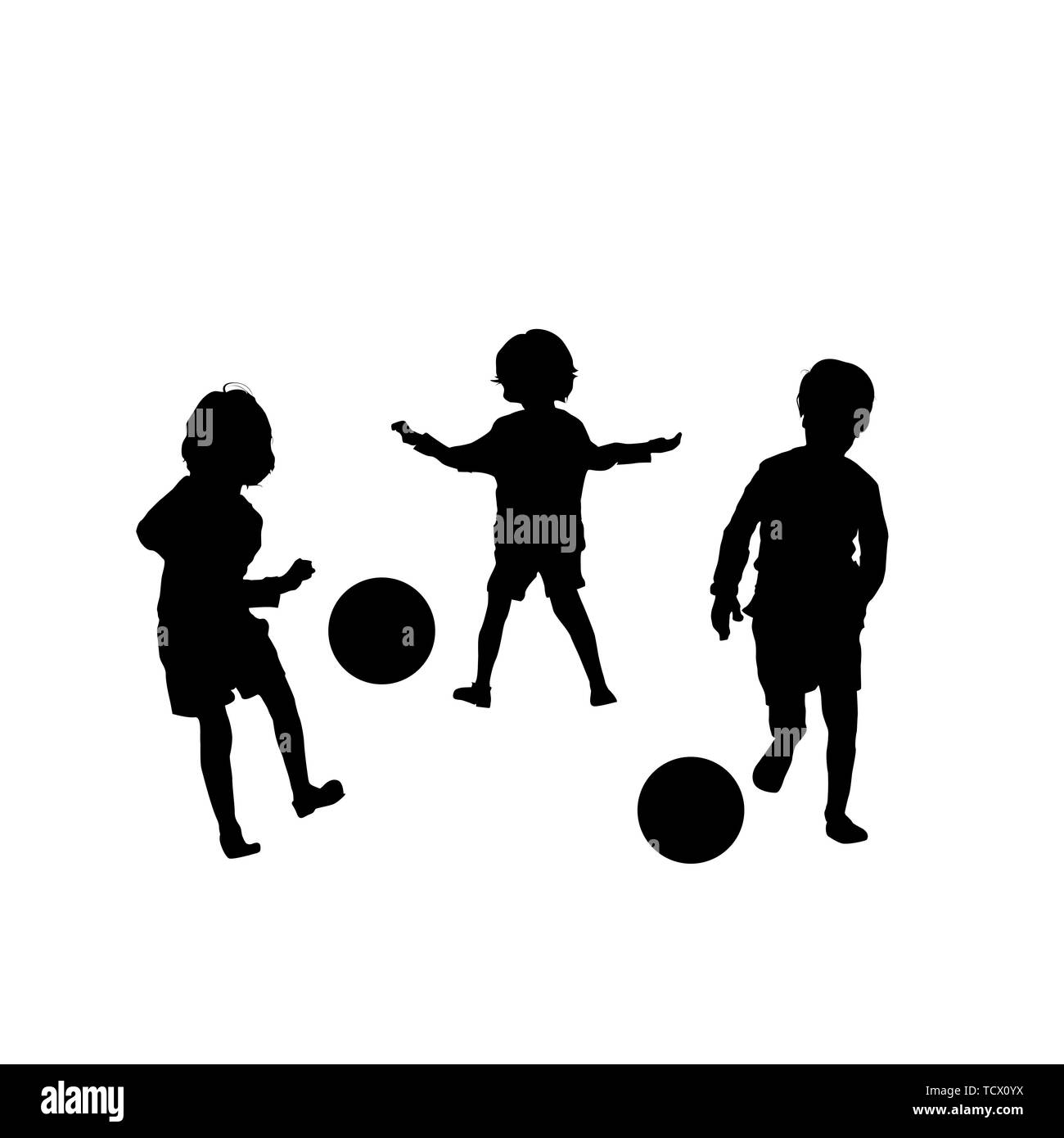 Vector silhouette of children playing soccer, isolated, grouped objects over white background Stock Vector