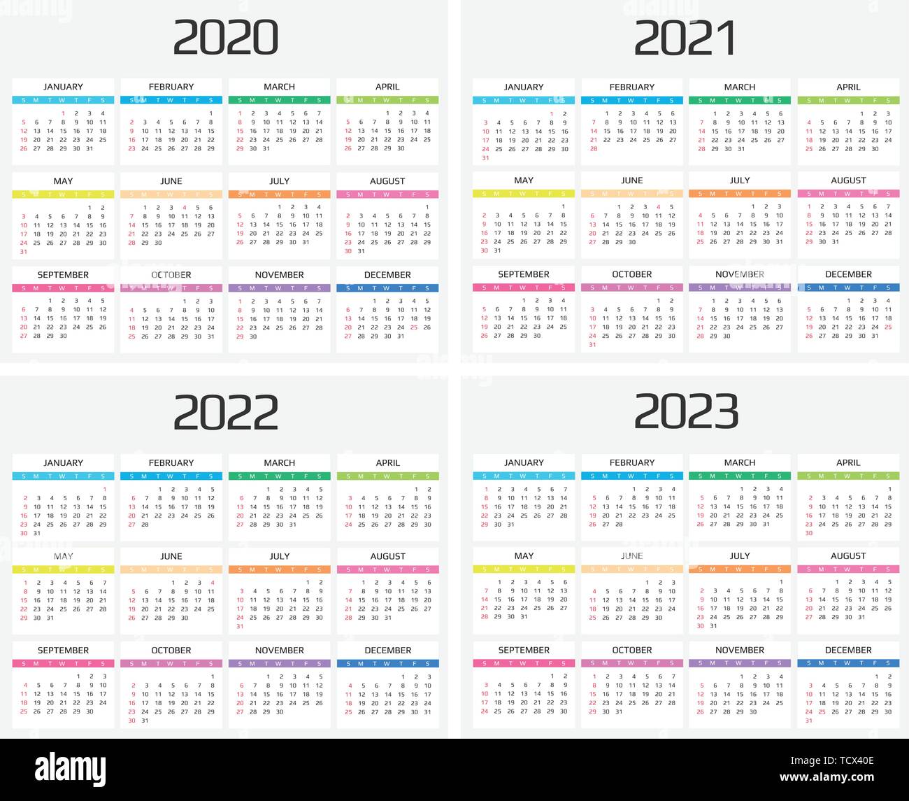 Calendar 2020 2021 2022 2023 Template 12 Months Include Holiday