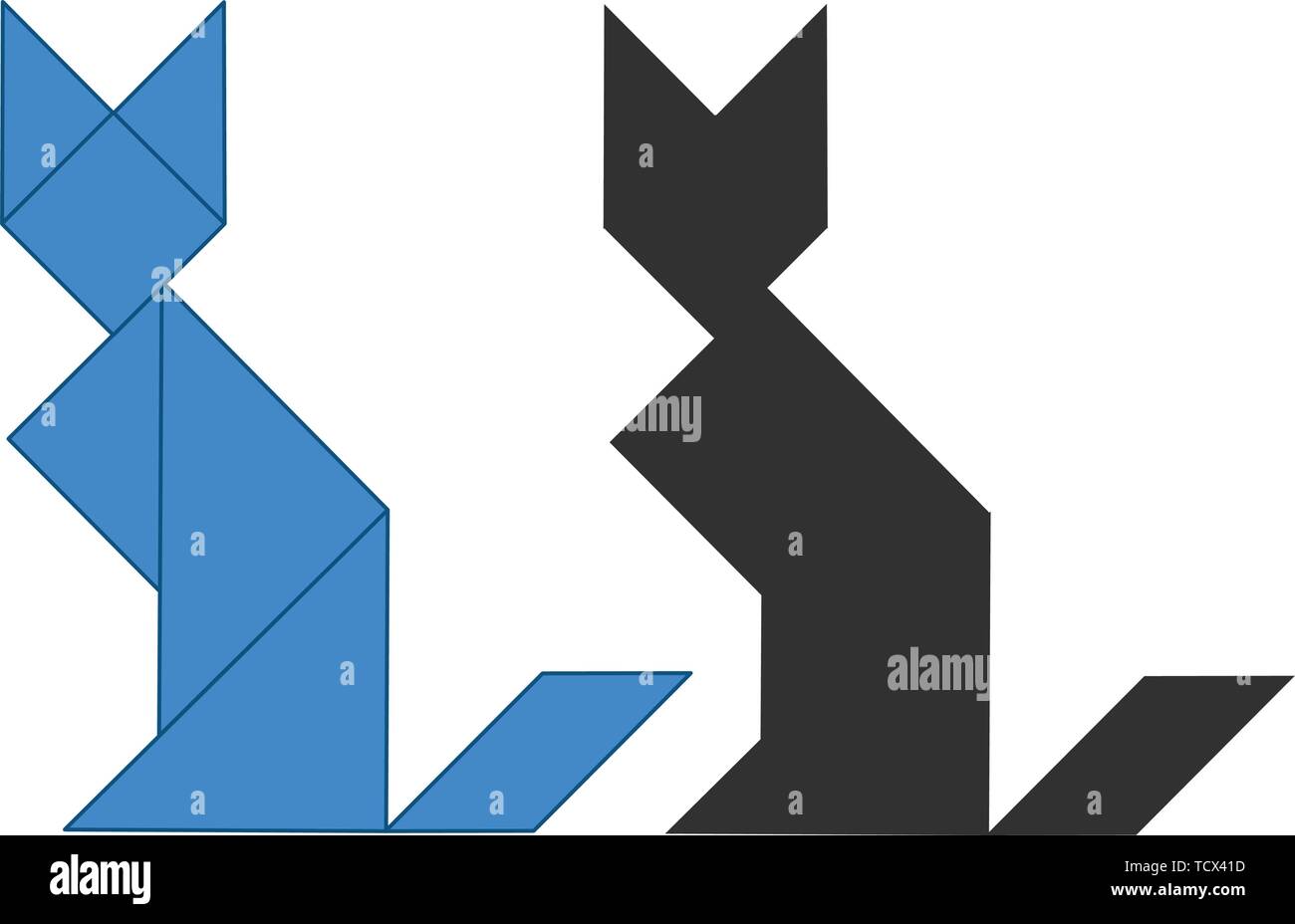 cat Tangram. Traditional Chinese dissection puzzle, seven tiling pieces - geometric shapes: triangles, square rhombus , parallelogram. Board game for  Stock Vector