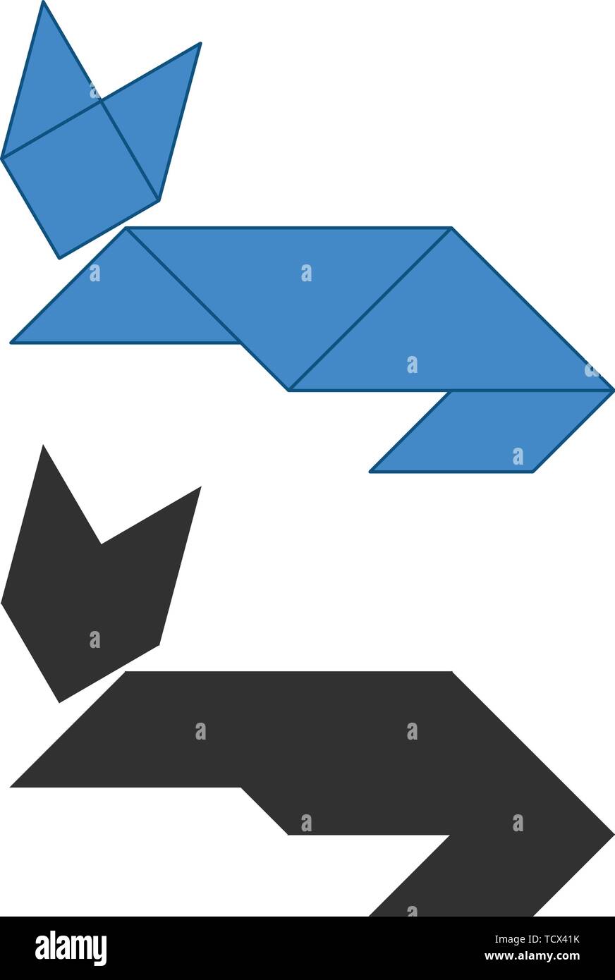 cat Tangram. Traditional Chinese dissection puzzle, seven tiling pieces - geometric shapes: triangles, square rhombus , parallelogram. Board game for  Stock Vector
