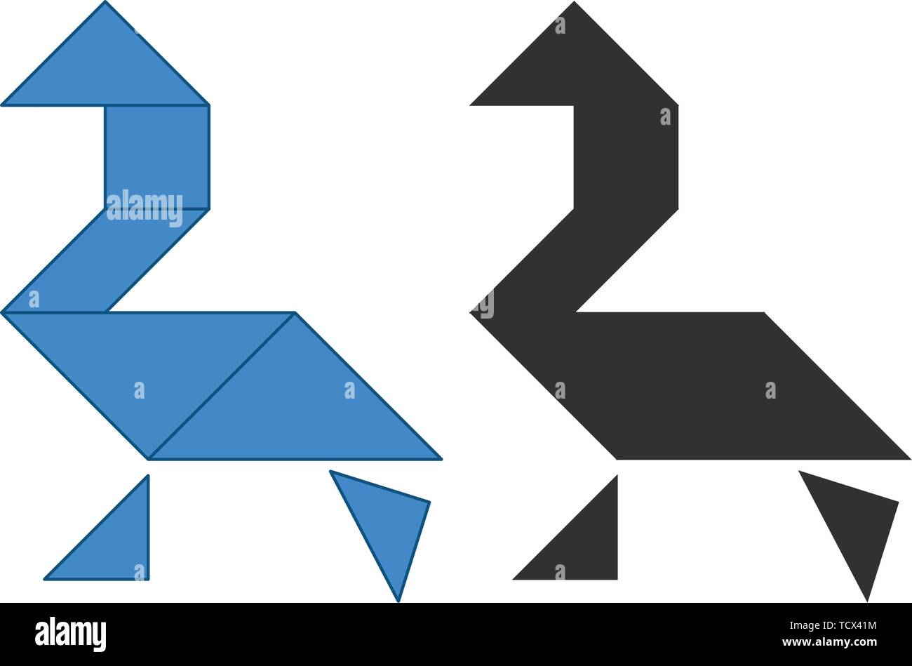 Swan Tangram. Traditional Chinese dissection puzzle, seven tiling pieces - geometric shapes: triangles, square rhombus , parallelogram. Board game for Stock Vector