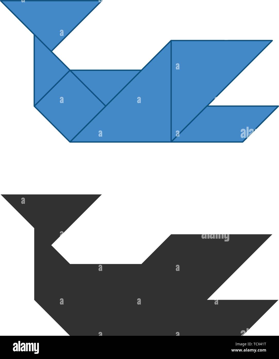Whale Tangram. Traditional Chinese dissection puzzle, seven tiling pieces - geometric shapes: triangles, square rhombus , parallelogram. Board game fo Stock Vector