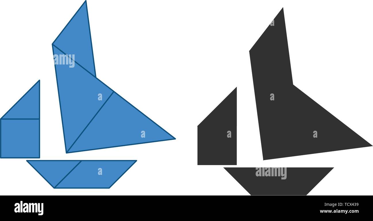 Boat Tangram. Traditional Chinese dissection puzzle, seven tiling pieces - geometric shapes: triangles, square rhombus , parallelogram. Board game for Stock Vector