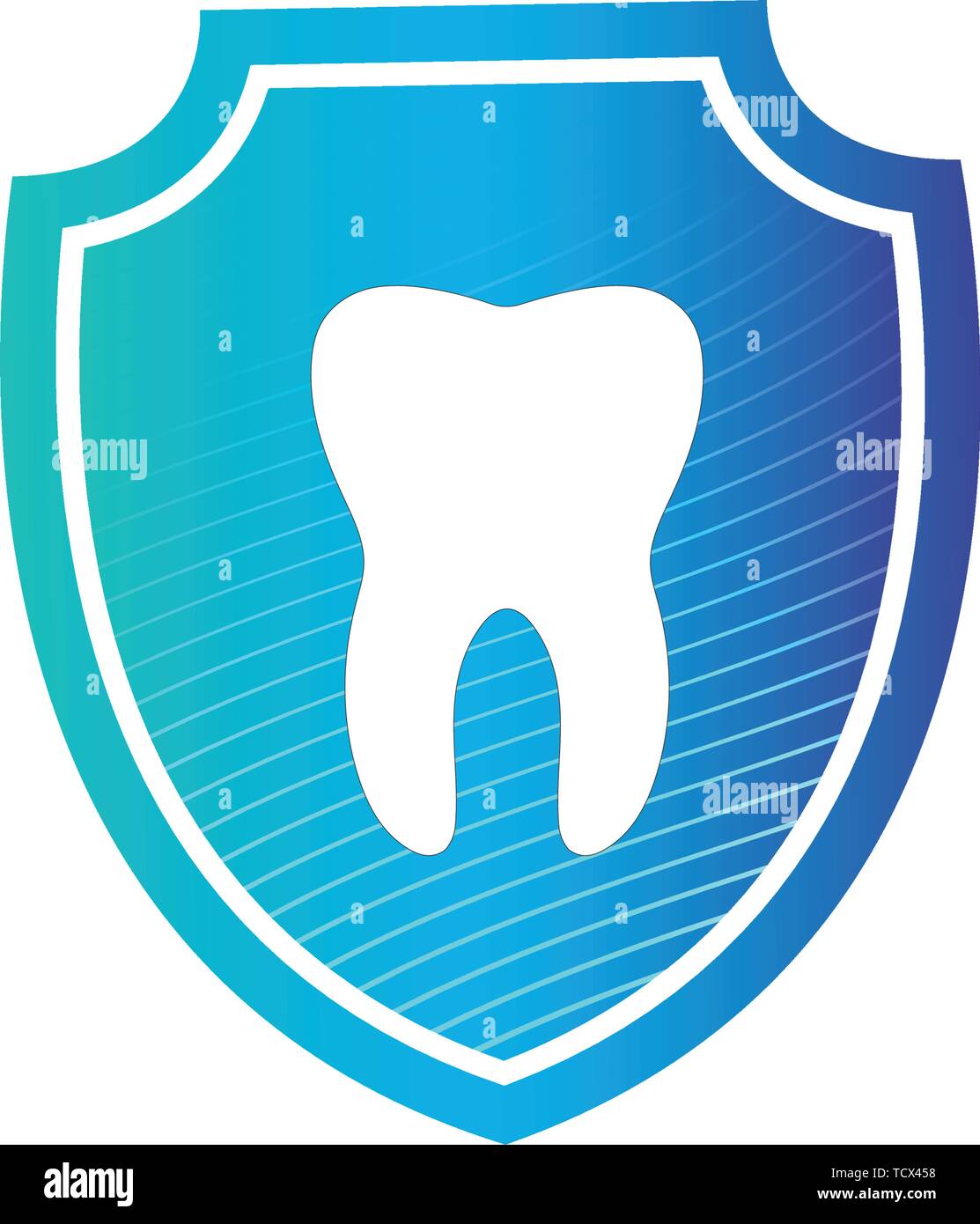 Clean and strong white tooth in protection shield with glittering bright aura protection light element on blue background vector illutration eps10 Stock Vector