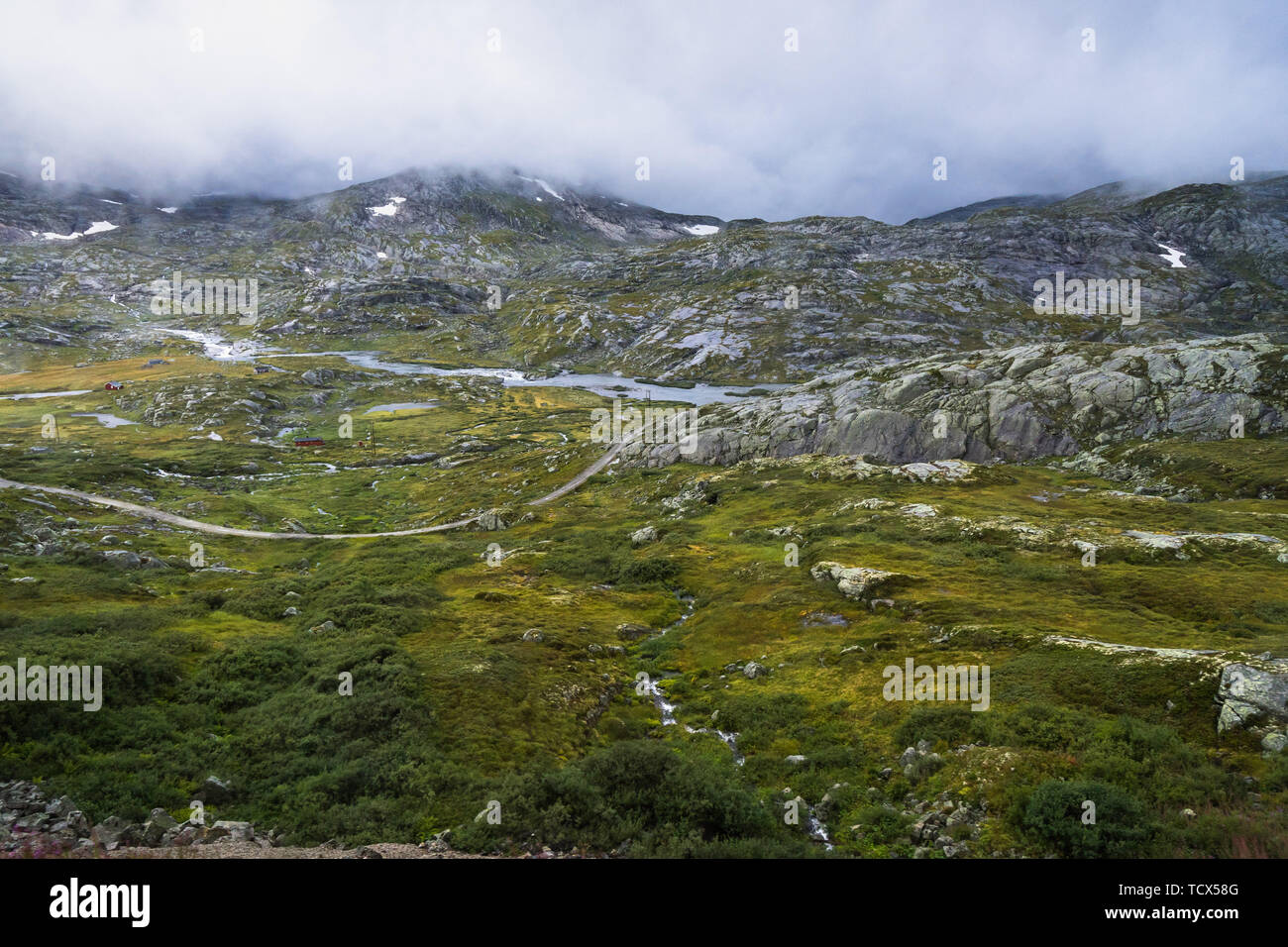Remote mountain area Hardangervidda National Park, located in central southern Norway. Photo taken from Oslo-Bergen train Stock Photo