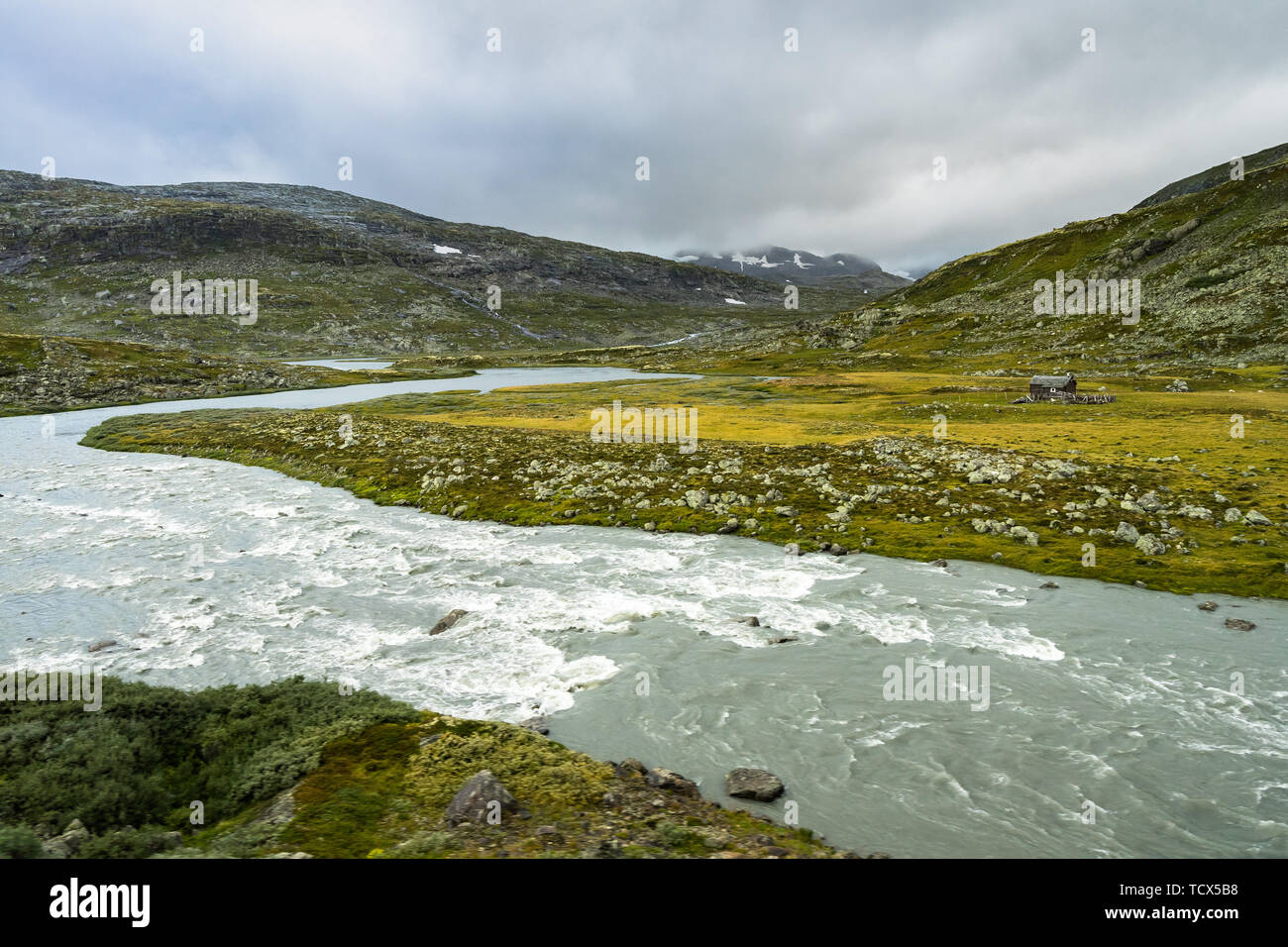 A river in the scenic mountain landscape near Finse in Hardangervidda National Park near Finse, Hordaland, Norway Stock Photo