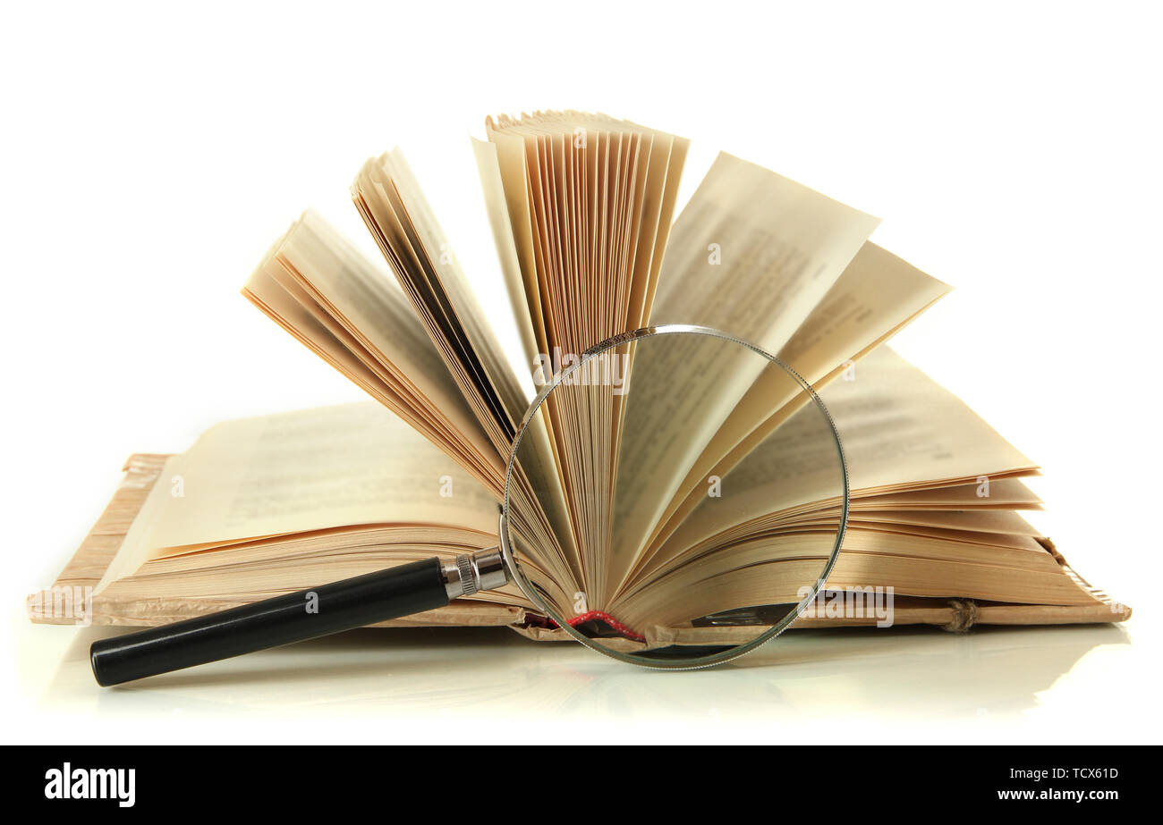 Magnifying glass and open book isolated on white Stock Photo - Alamy