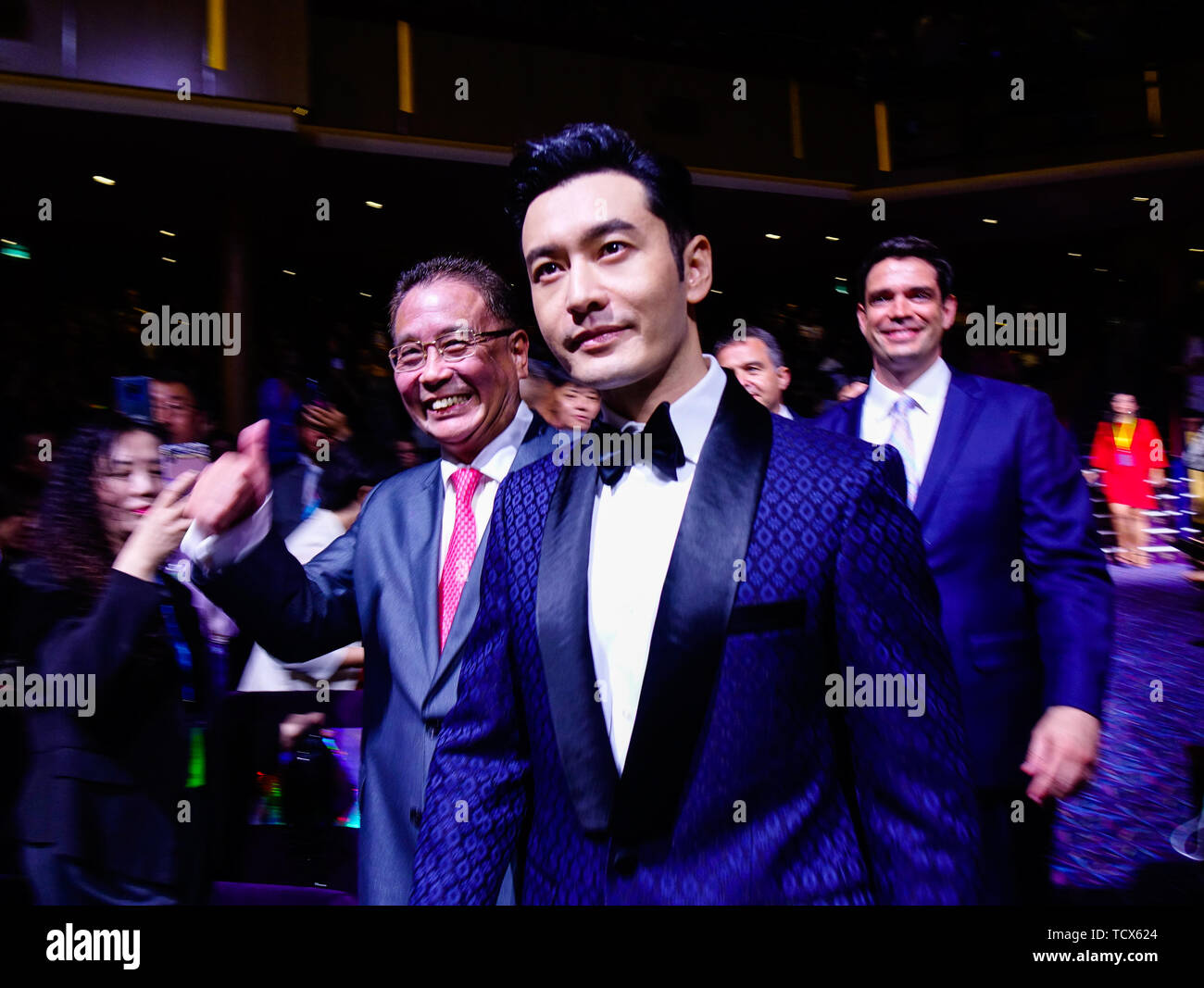 Shanghai, China - Jun 3, 2019. Famous Chinese movie star Huang Xiaoming coming to the party on Spectrum of the Seas cruise ship. Stock Photo